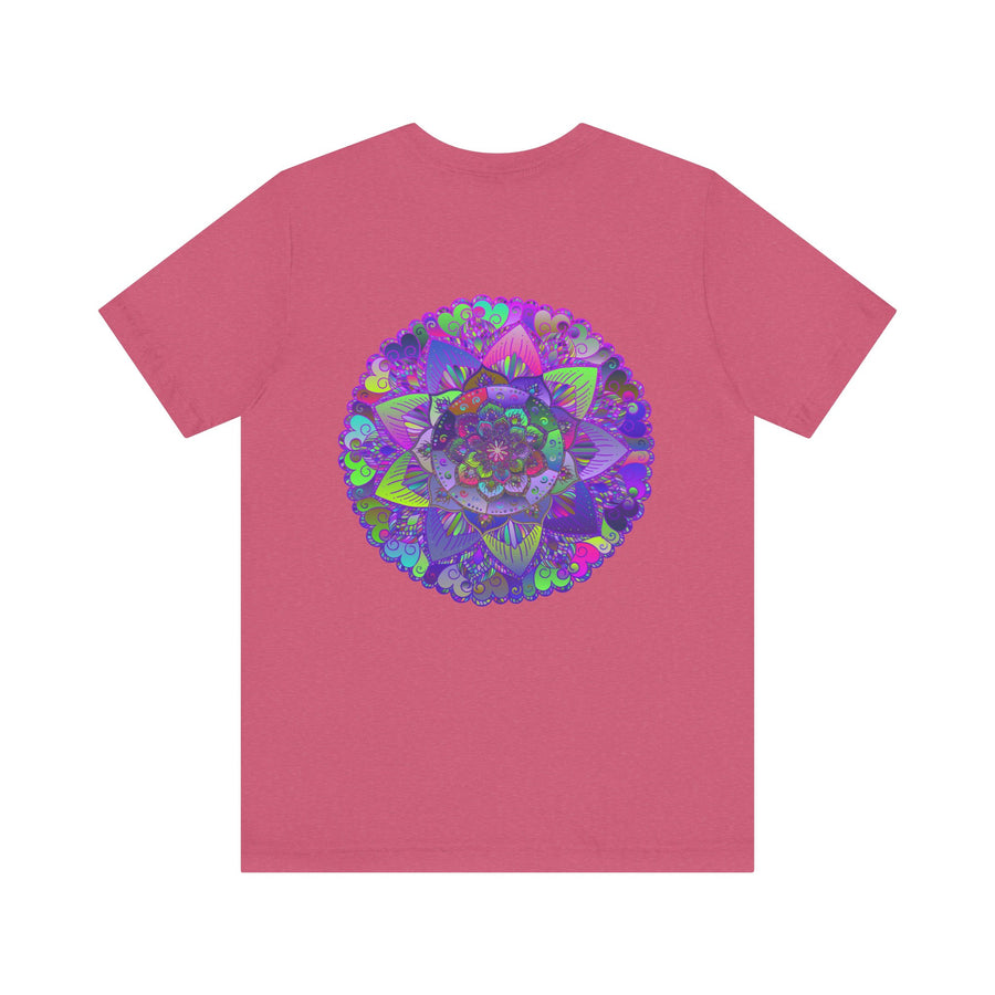 A colorful and intricate mandala tee with spiritual motifs for peace and harmony