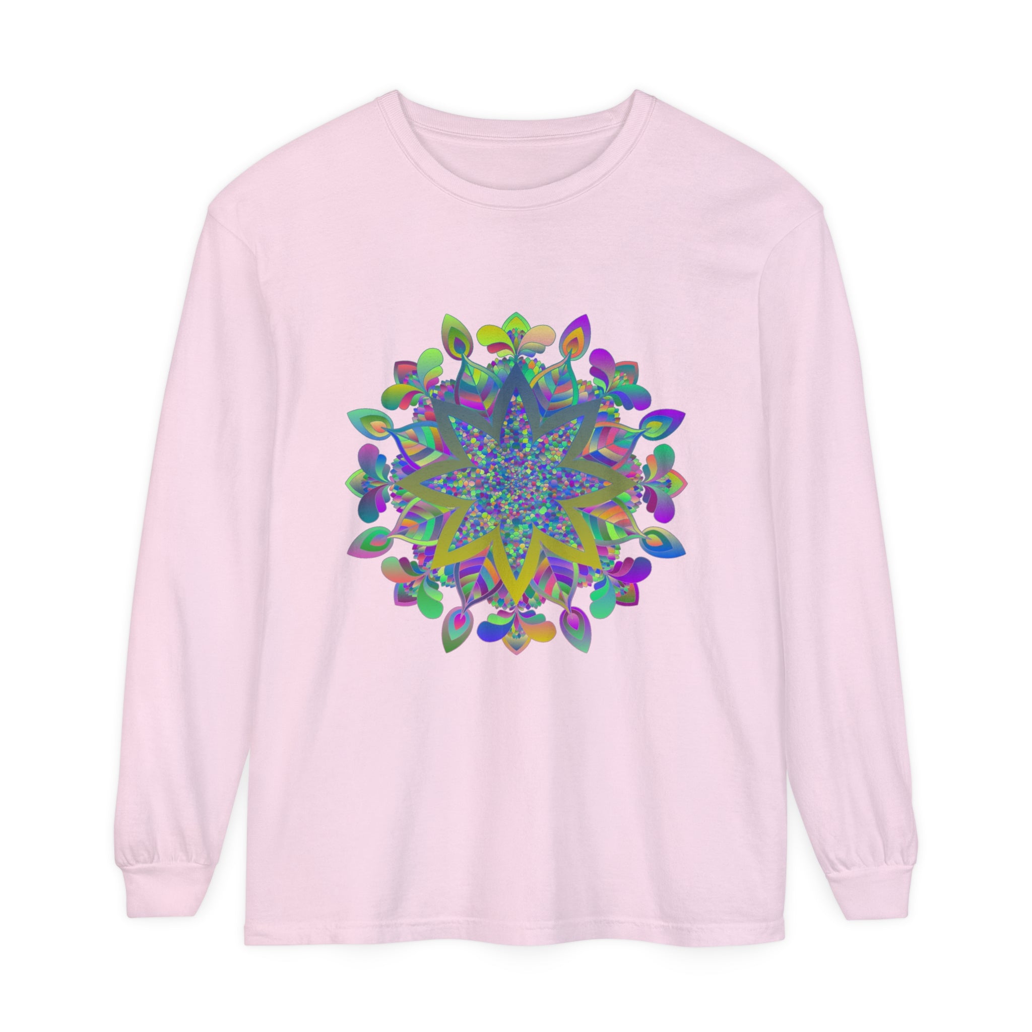 Colorful Mandala Unisex Long Sleeve T-Shirt with intricate design and vibrant colors for men and women