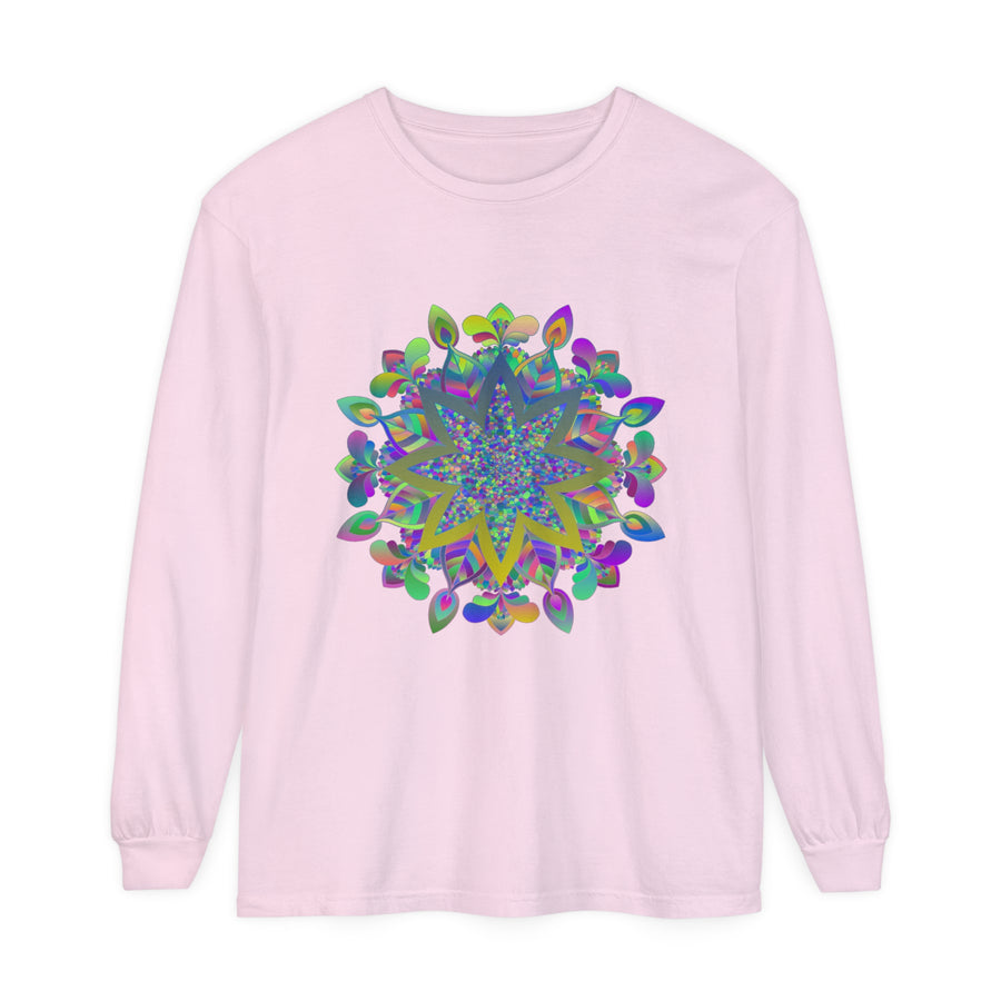 Colorful Mandala Unisex Long Sleeve T-Shirt with intricate design and vibrant colors for men and women