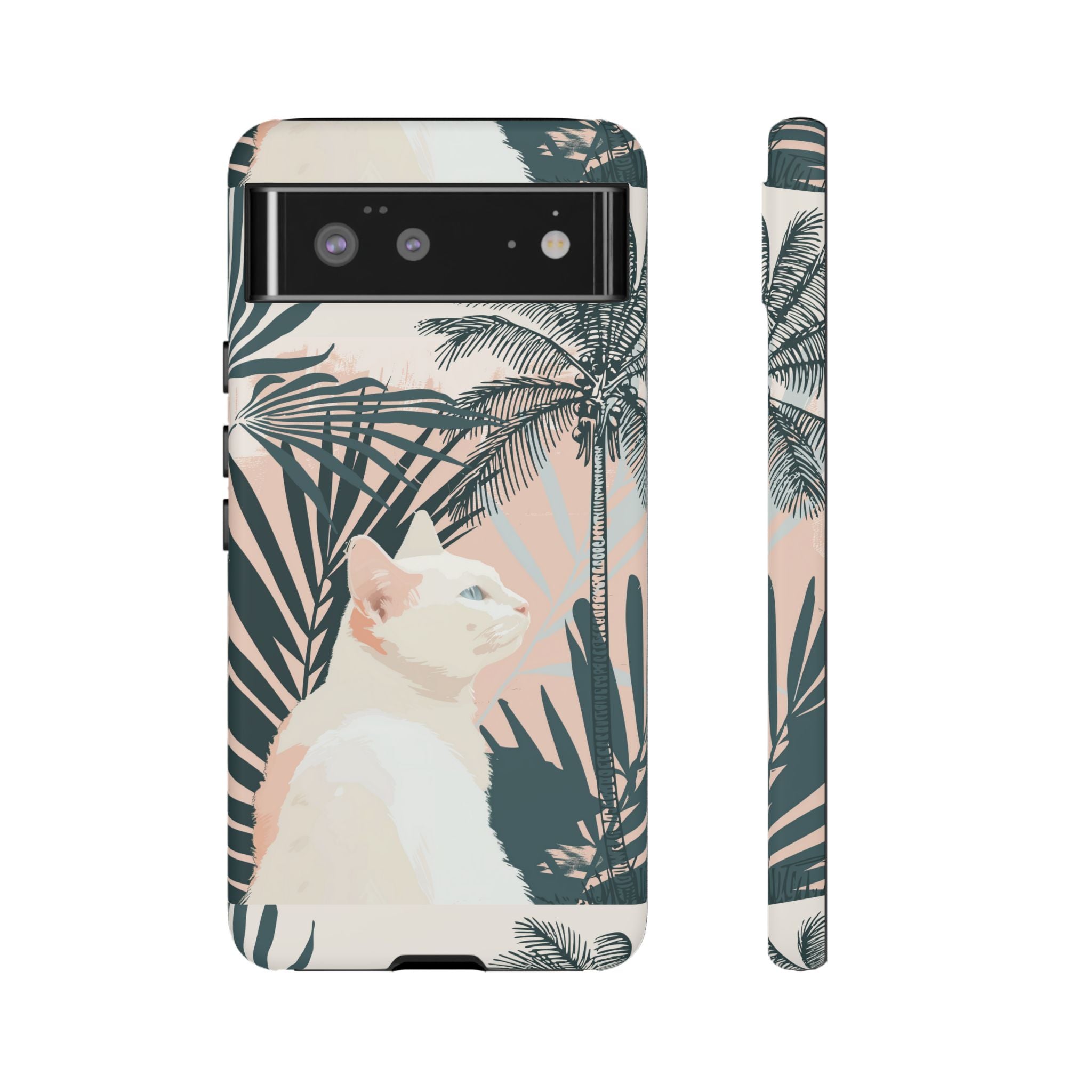 Tropical Cat Phone Case with Lush Palm Motifs and Soft Pastels