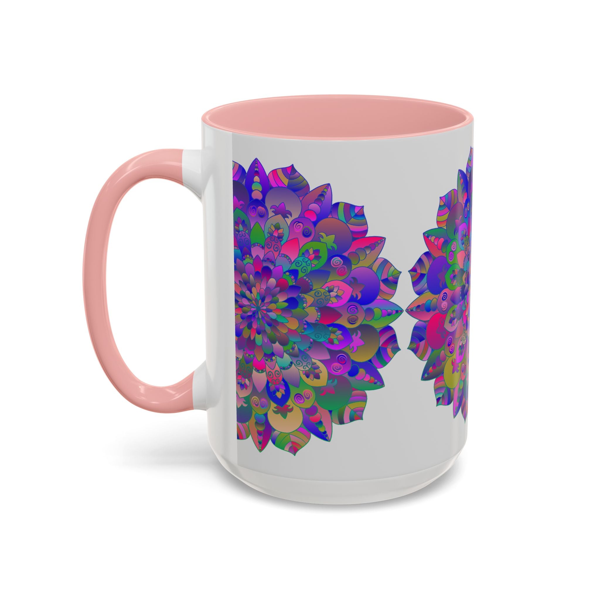 Intricate and lively mandala illustration on a vibrant ceramic mug