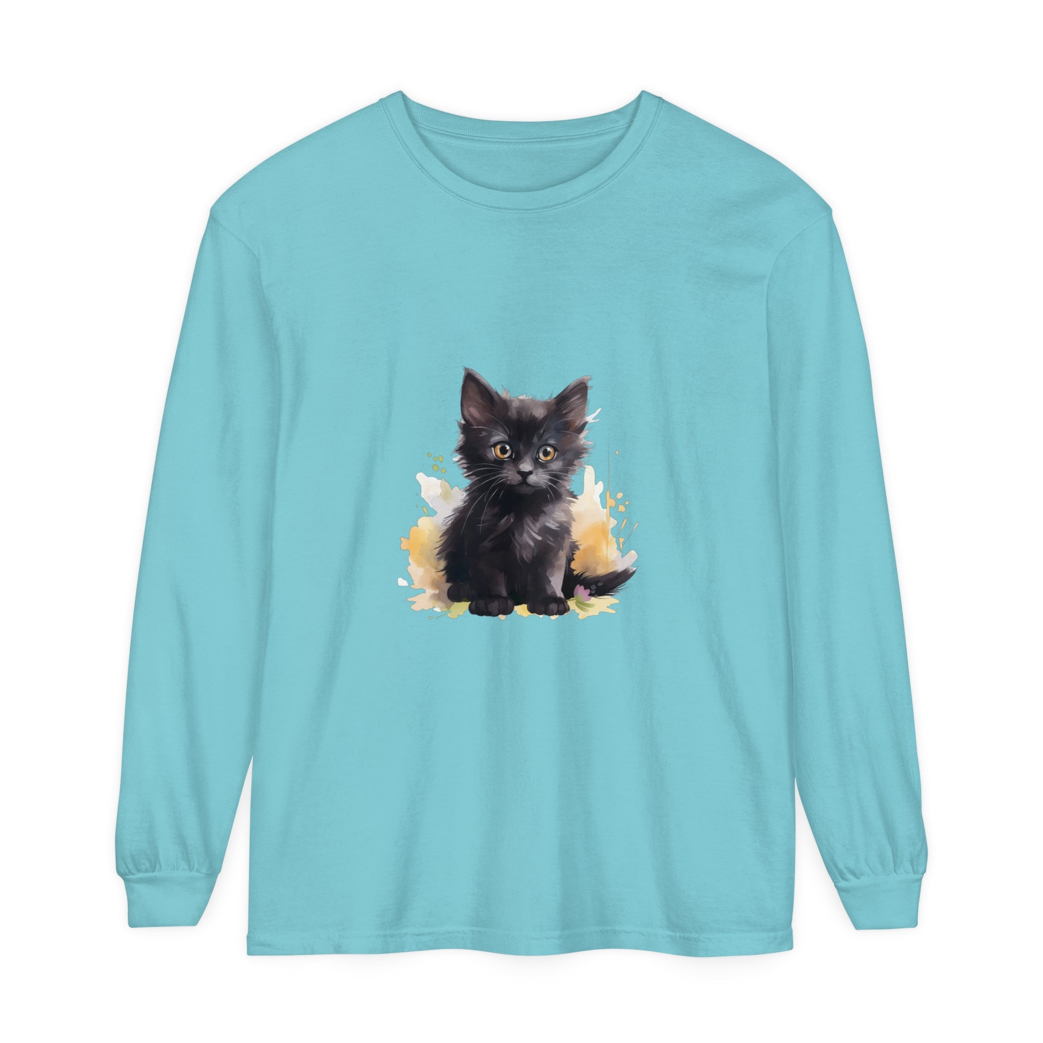 Black Kitten Watercolor Splash T-Shirt featuring a cute black kitten surrounded by vibrant watercolor splashes on a high-quality black t-shirt