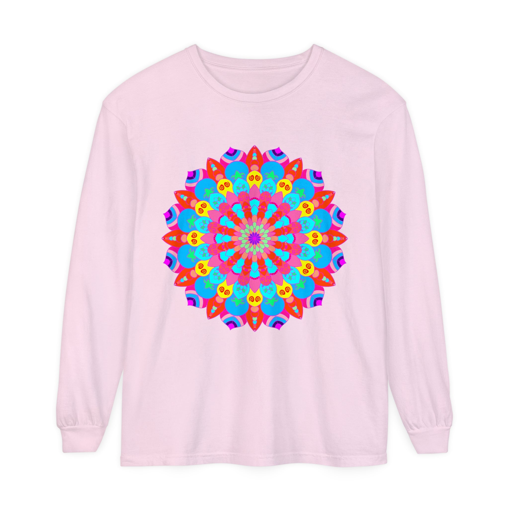 Colorful Mandala Unisex Long Sleeve T-Shirt featuring intricate, vibrant mandala design