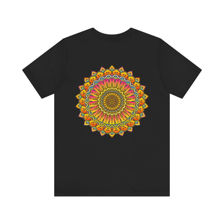 A vibrant mandala tee featuring intricate patterns and symbols representing spiritual peace and harmony, perfect for adding a touch of serenity to your wardrobe