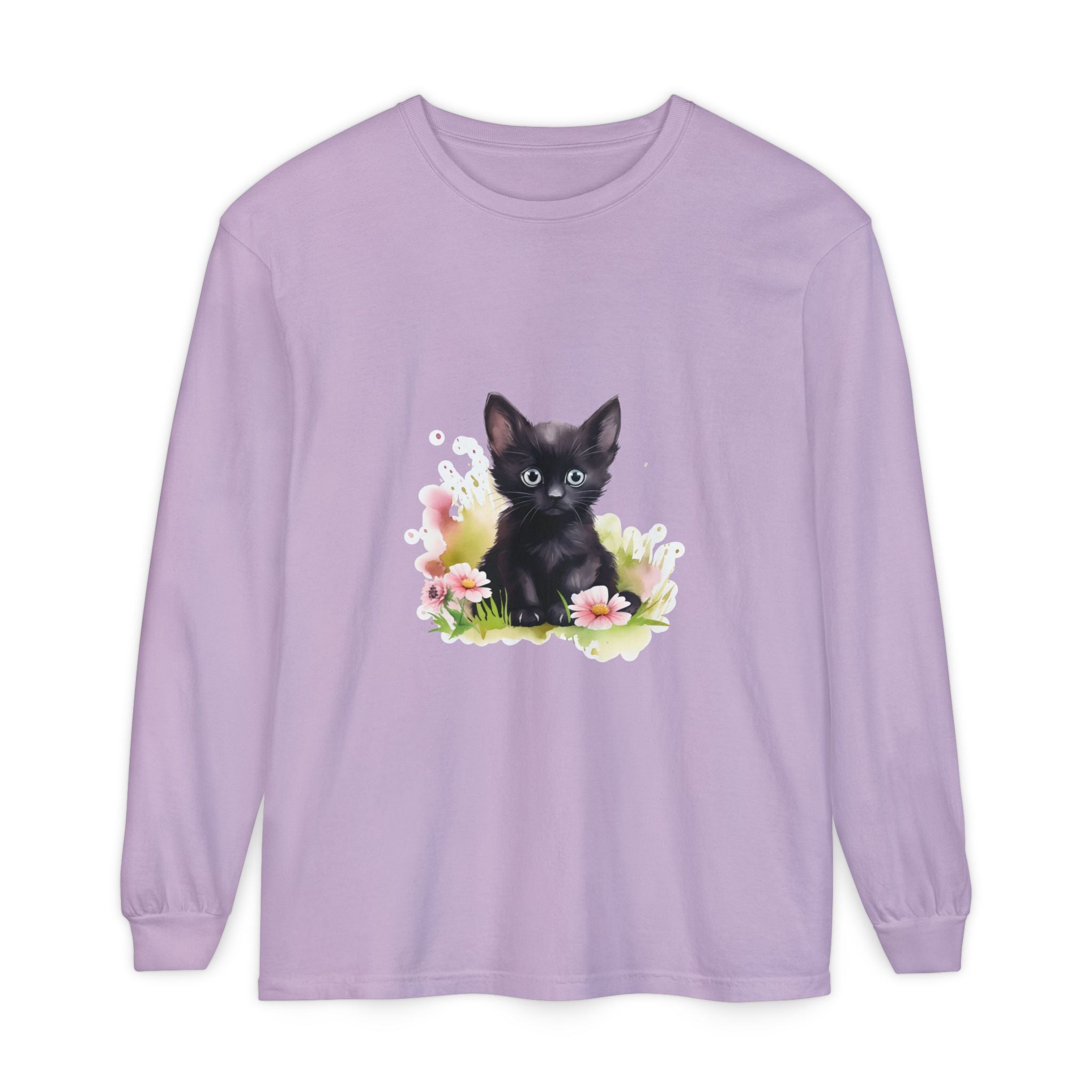 Langarmshirt | Schwarzes Kätzchen & rosa Blumen