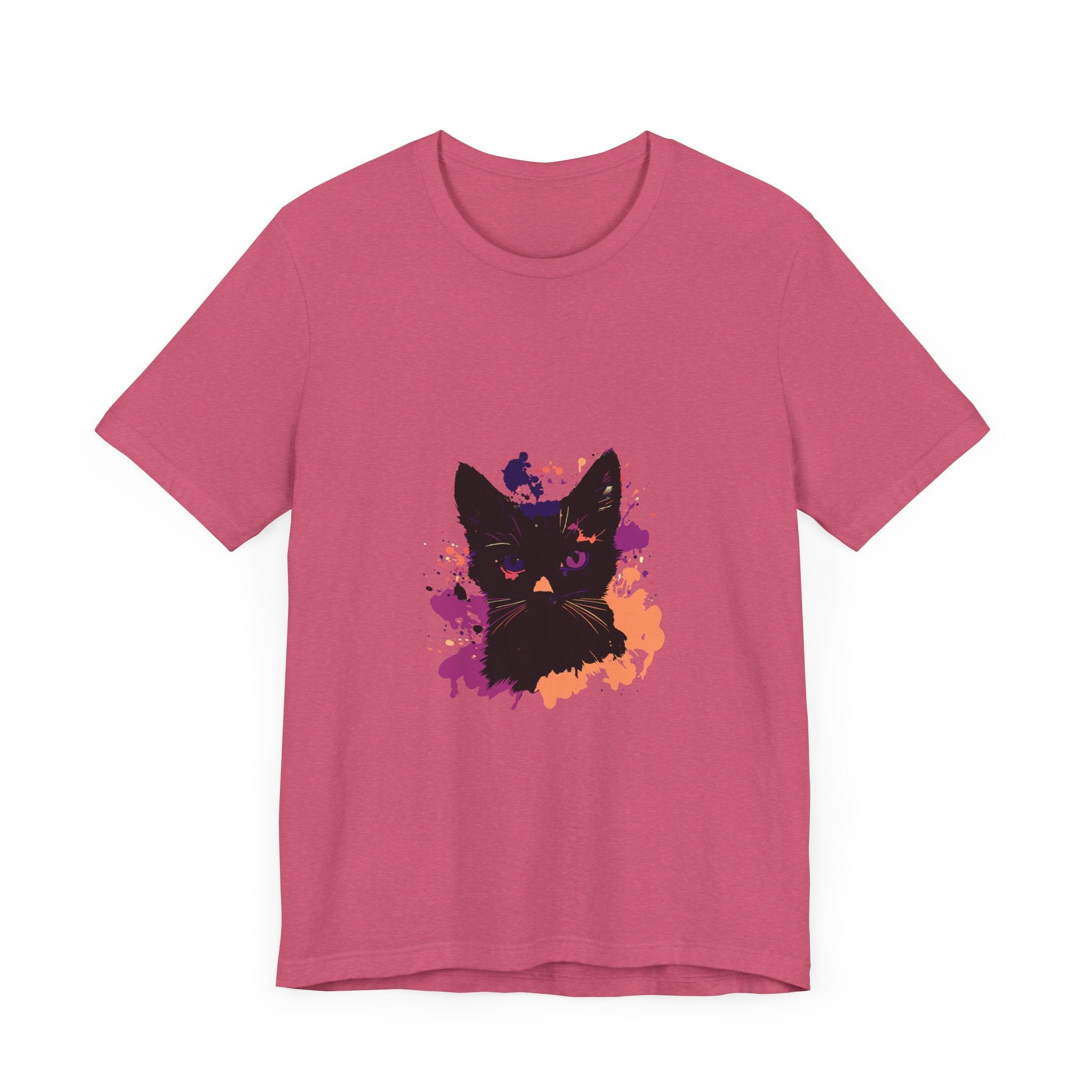 Black Cat Mystery T-Shirt featuring a mysterious black cat with mesmerizing purple eyes on a dark purple background