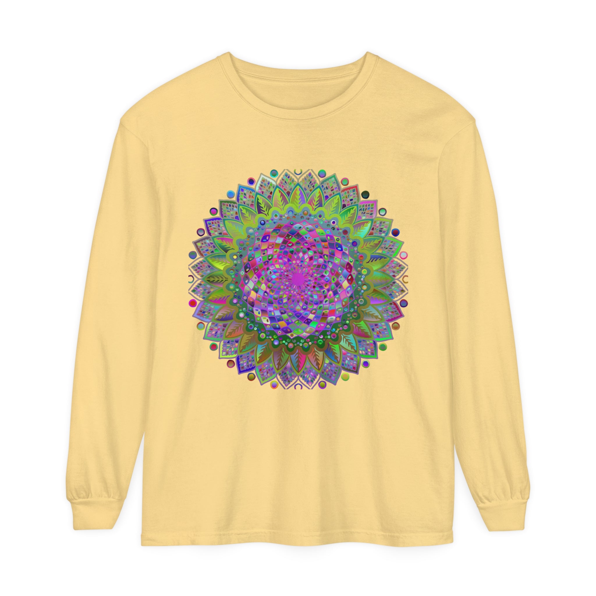 Vibrant and colorful Mandala design printed on a unisex long sleeve T-shirt