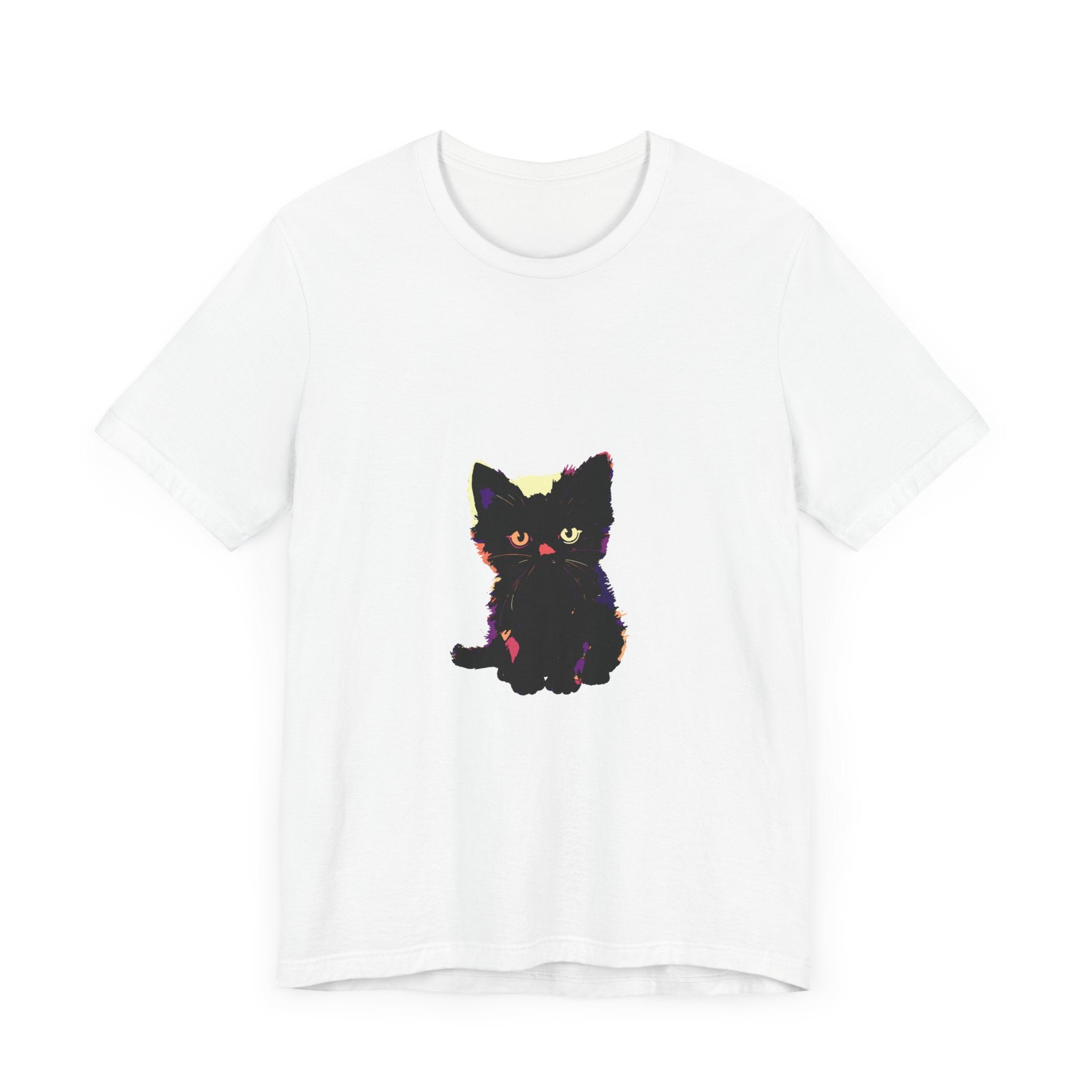 A graphic tee featuring a cute black cat design on a white t-shirt