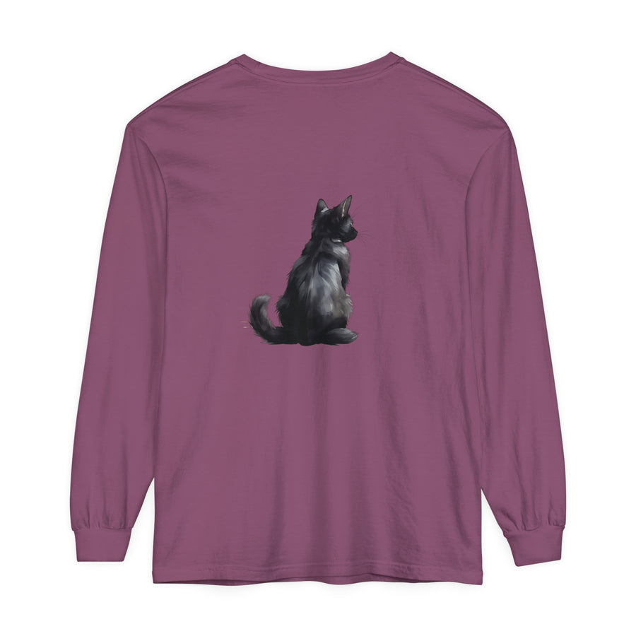 Black Cat Mystery unisex long sleeve tee, black with cat and moon design
