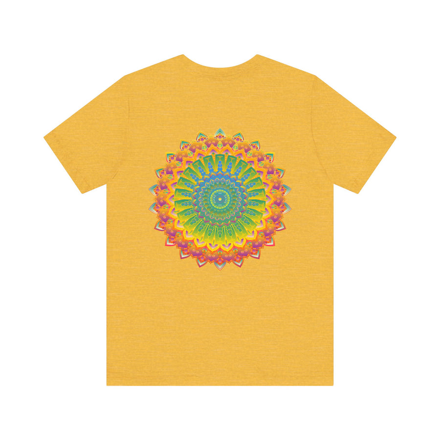 Vibrant mandala tee with colorful floral patterns and spiritual symbolism