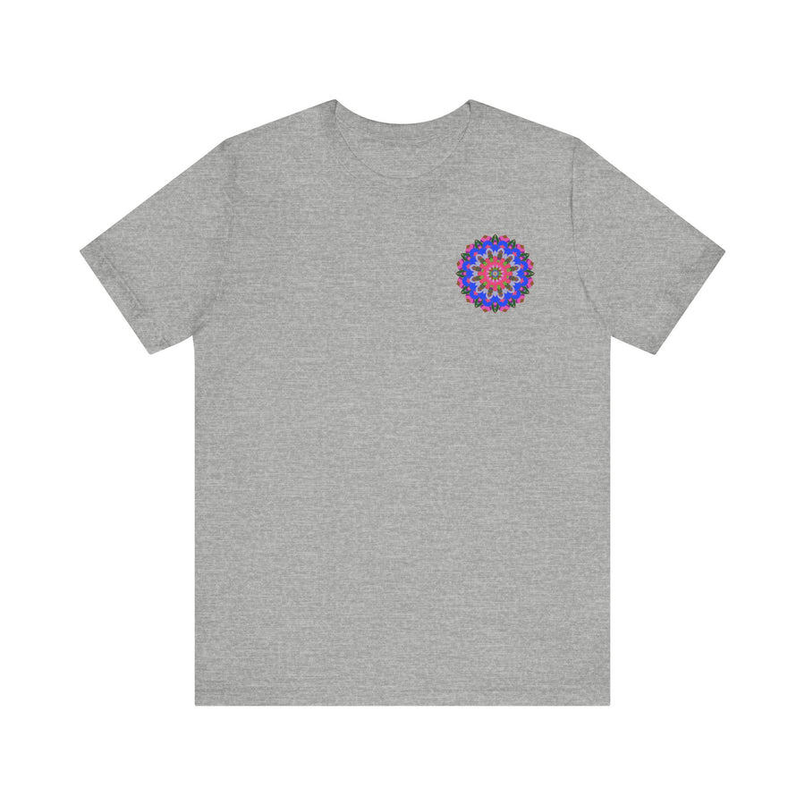 Vibrant Mandala Tee featuring intricate design symbolizing spiritual peace and harmony in shades of blue, pink, and yellow, perfect for meditation and self-reflection
