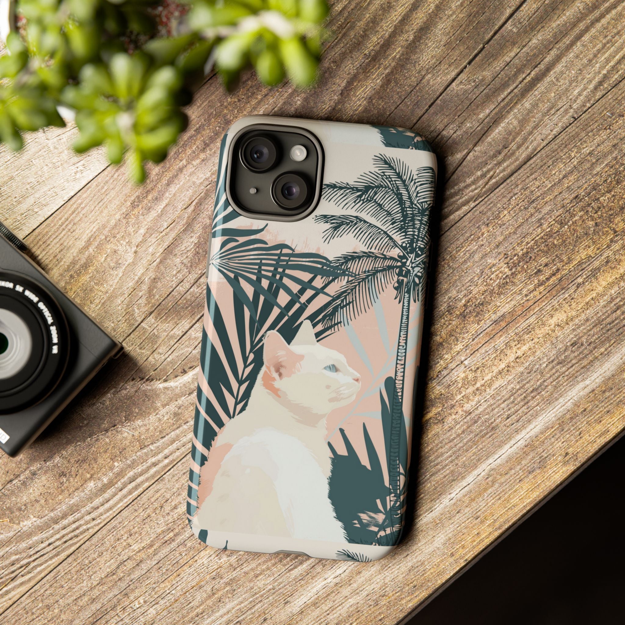 Tropical Cat Phone Case with Lush Palm Motifs and Soft Pastels