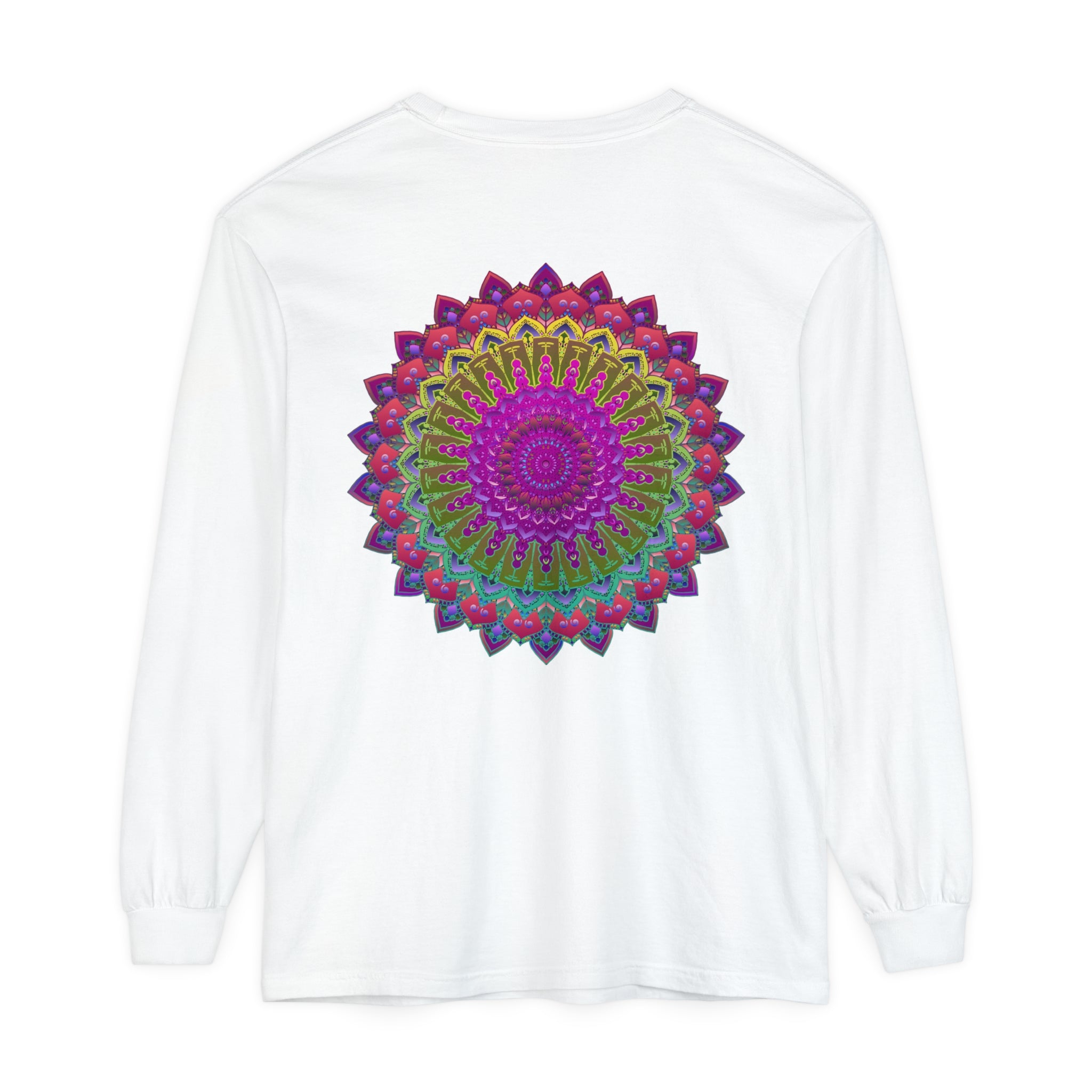 Person Pairing Vibrant Mandala Unisex Long Sleeve T-Shirt with Accessories