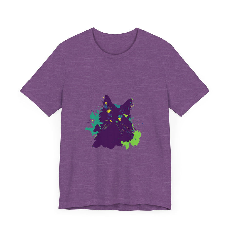 Vibrant purple t-shirt featuring a mysterious cat in abstract design