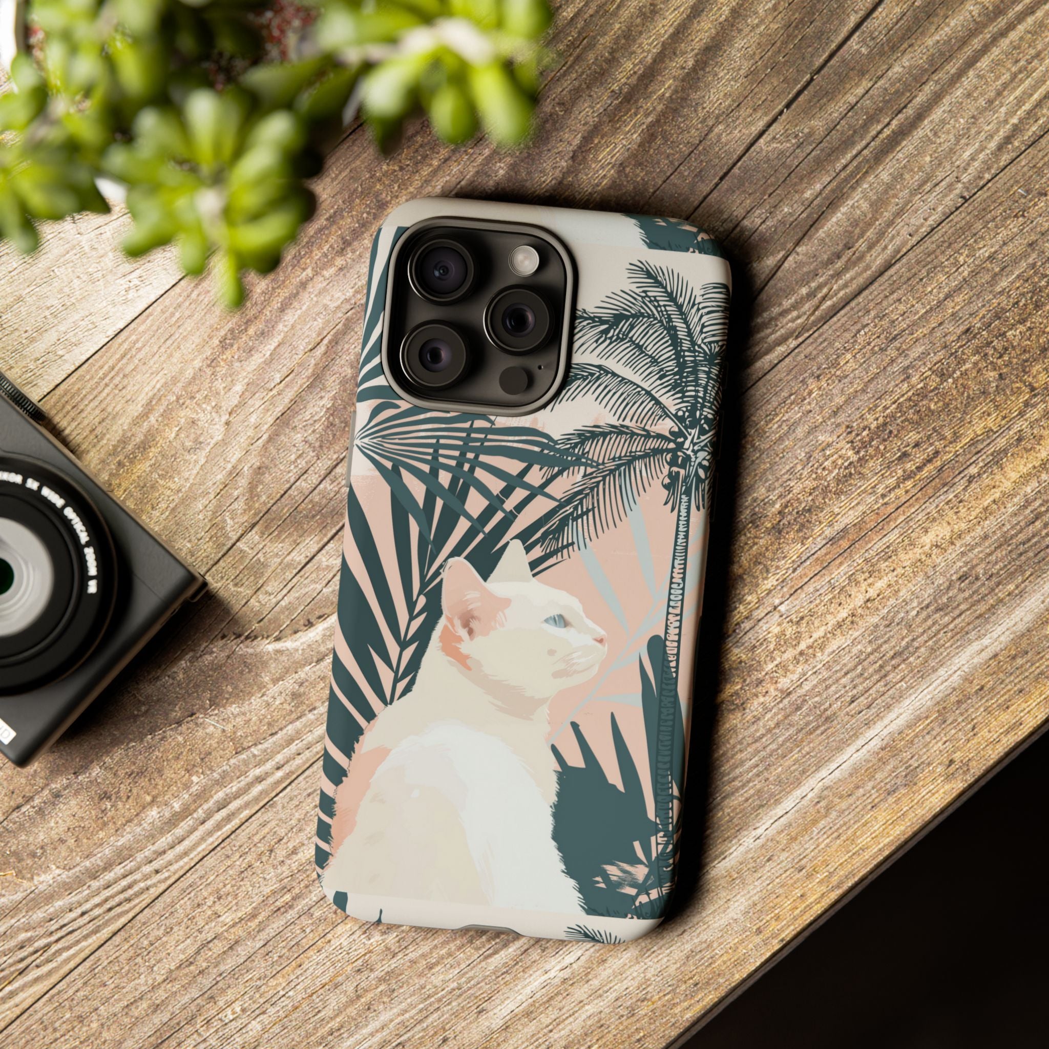 Tropical Cat Phone Case with Lush Palm Motifs and Soft Pastels