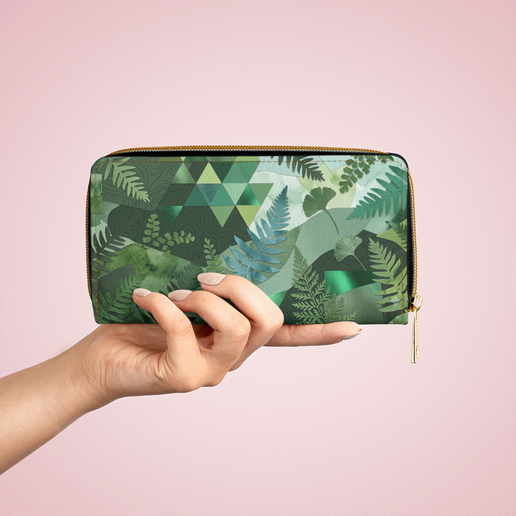 Green Fern Zip Wallet — Botanical Geometric Zippered Wallet