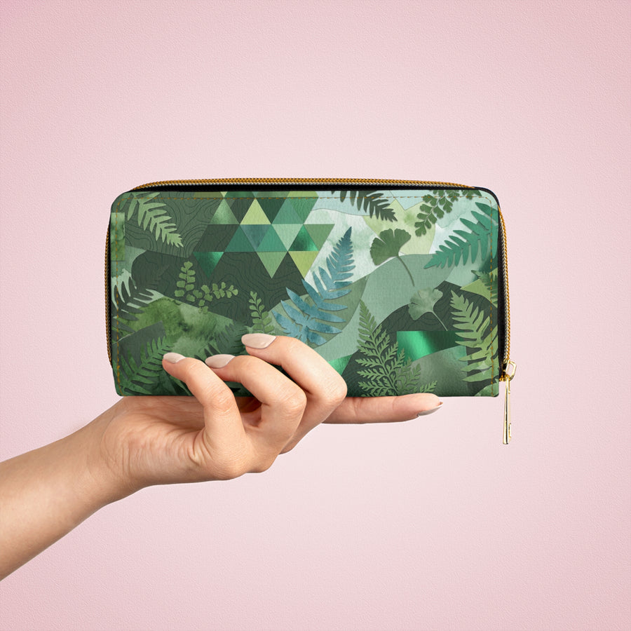 Green Fern Zip Wallet — Botanical Geometric Zippered Wallet