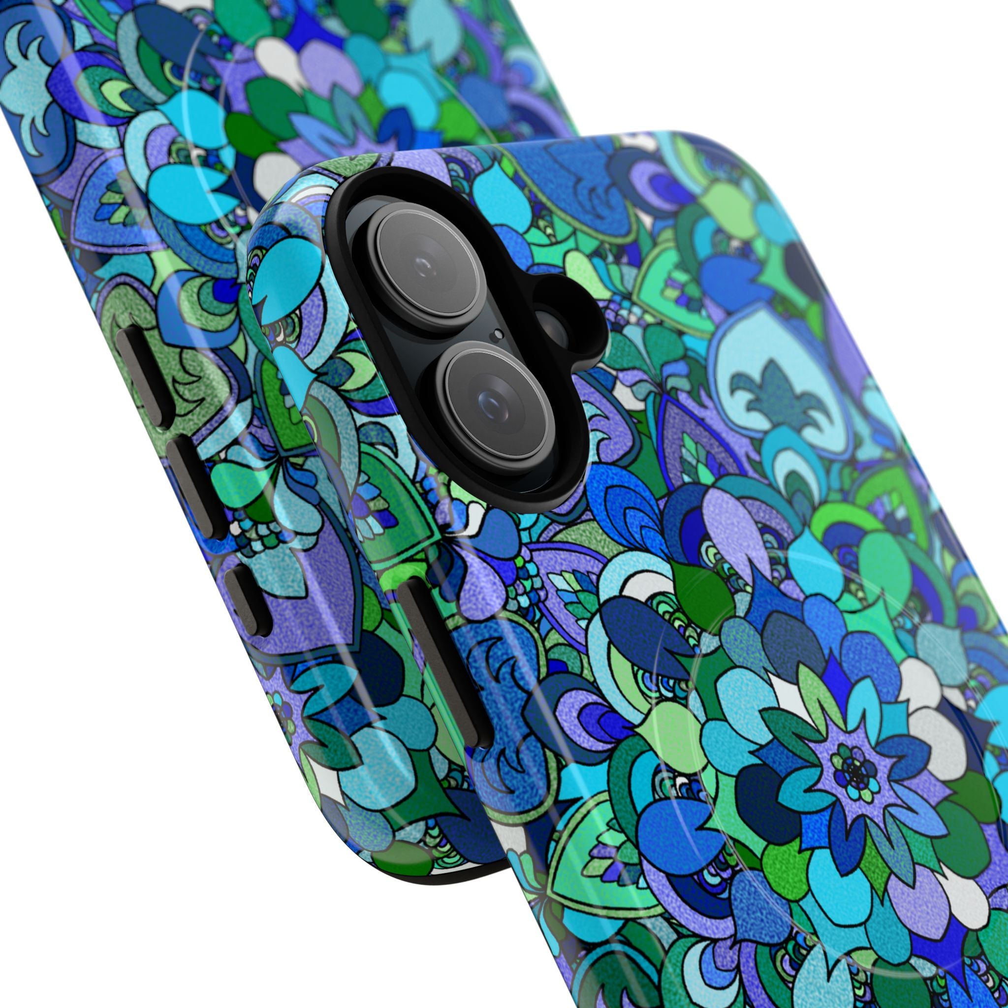 Cover Rigida Magnetica per Telefono con Mandala Floreale — Motivo Blu Verde