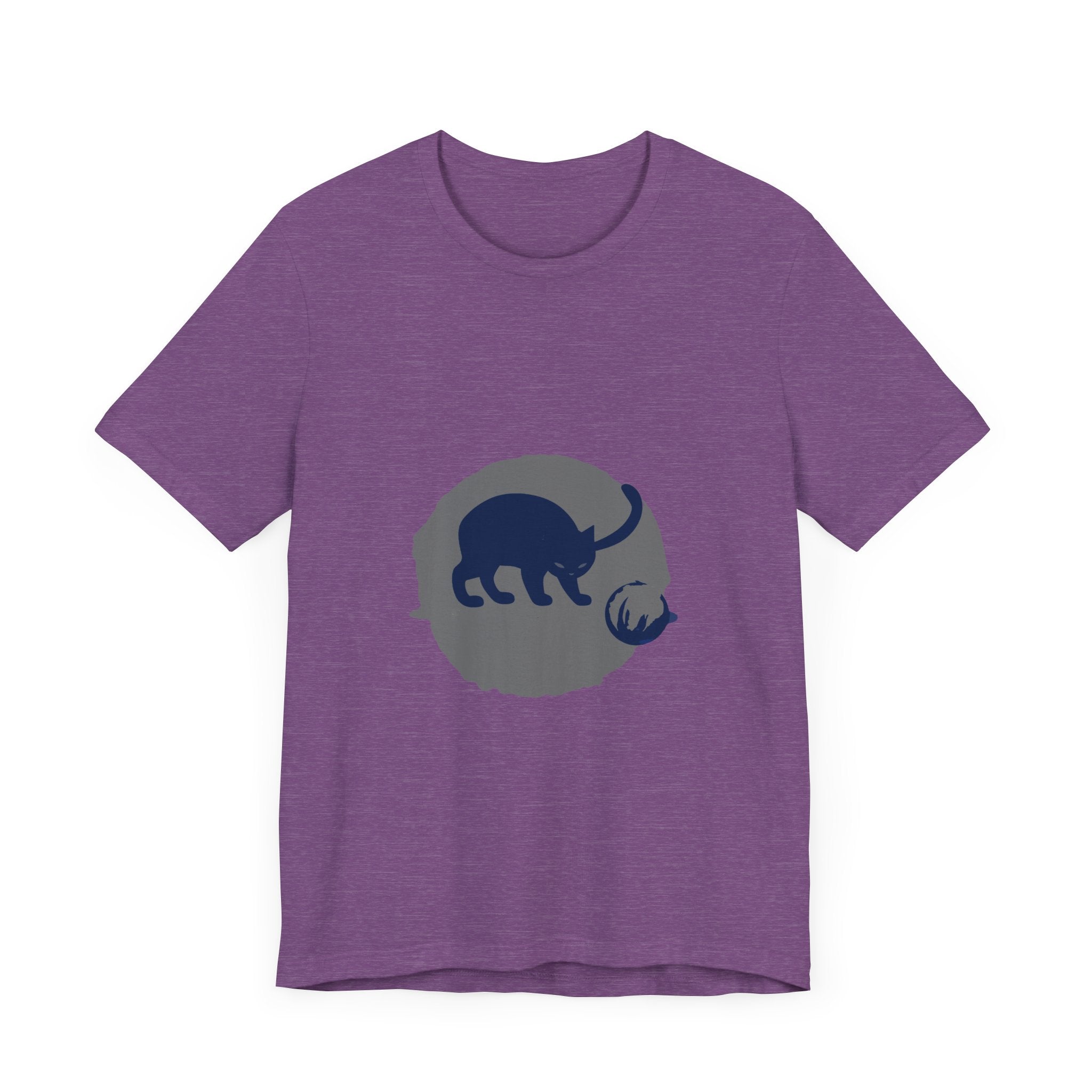 A black cat with glowing eyes and arched back, on a t-shirt, against a mysterious backdrop