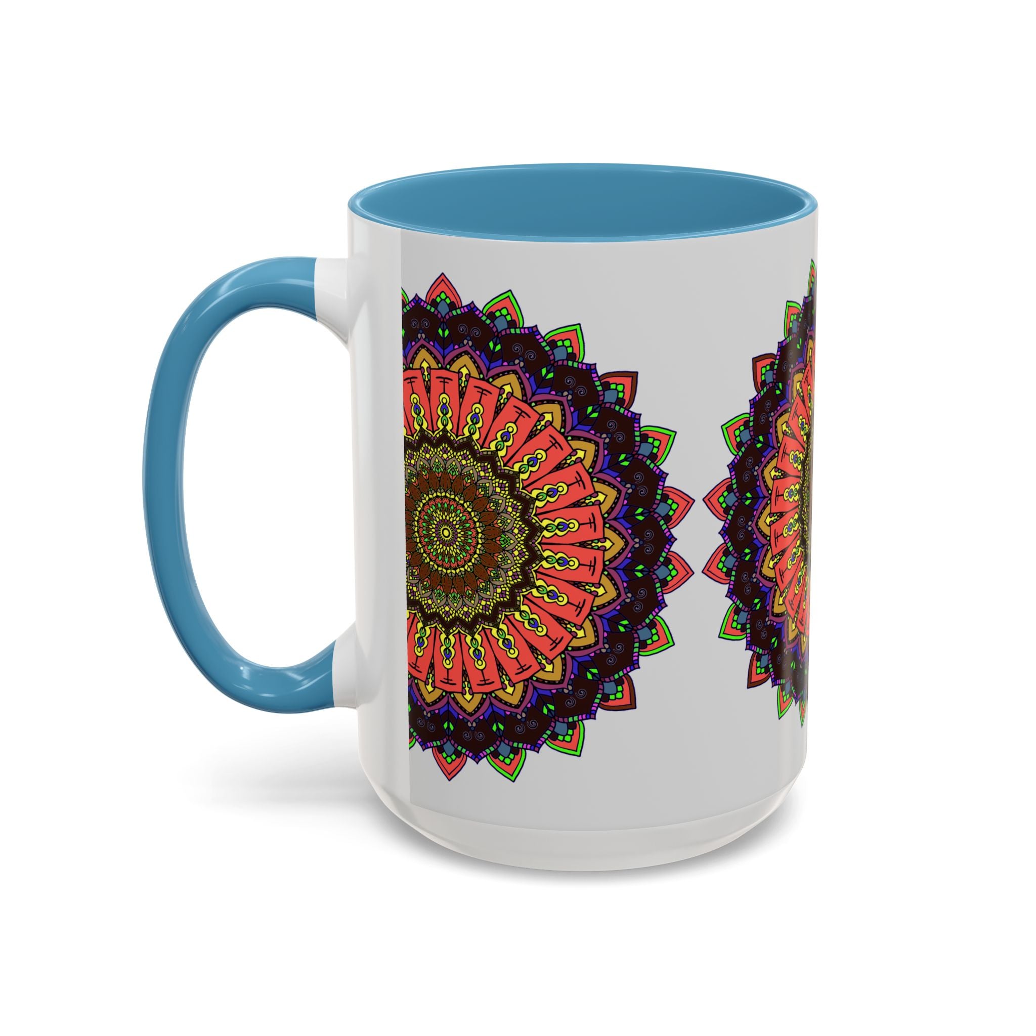 Colorful and intricate mandala art printed on a high-quality ceramic mug