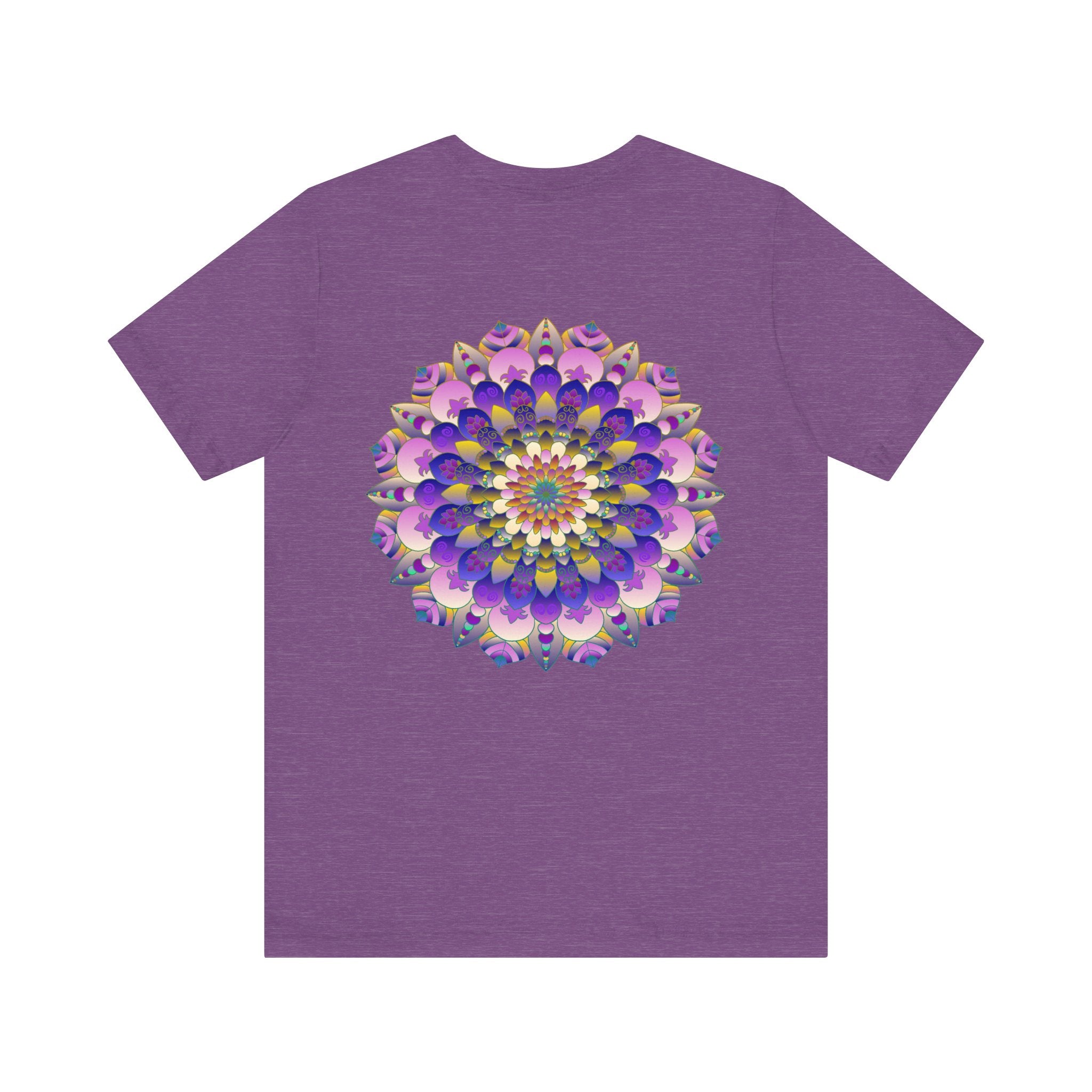 White t-shirt featuring a striking mandala design, promoting spiritual peace and harmony with intricate, colorful patterns and symbols