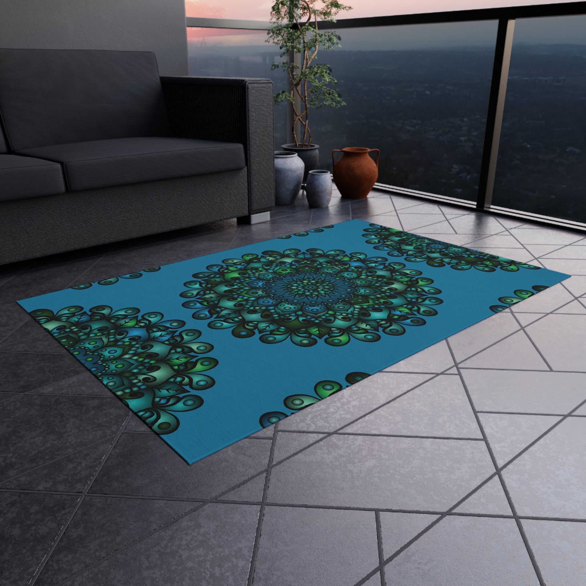 Tappeto da esterno Mandala blu e verde — Tappeto da patio resistente alle intemperie