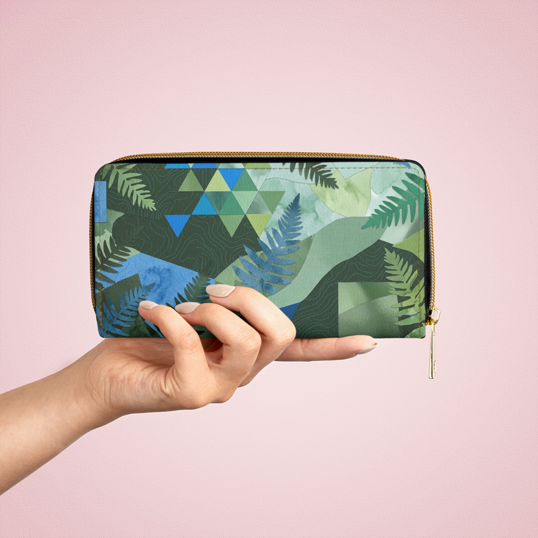 Tropical Fern Zip Wallet — Green Geometric Leaf Pattern Zipper Wallet
