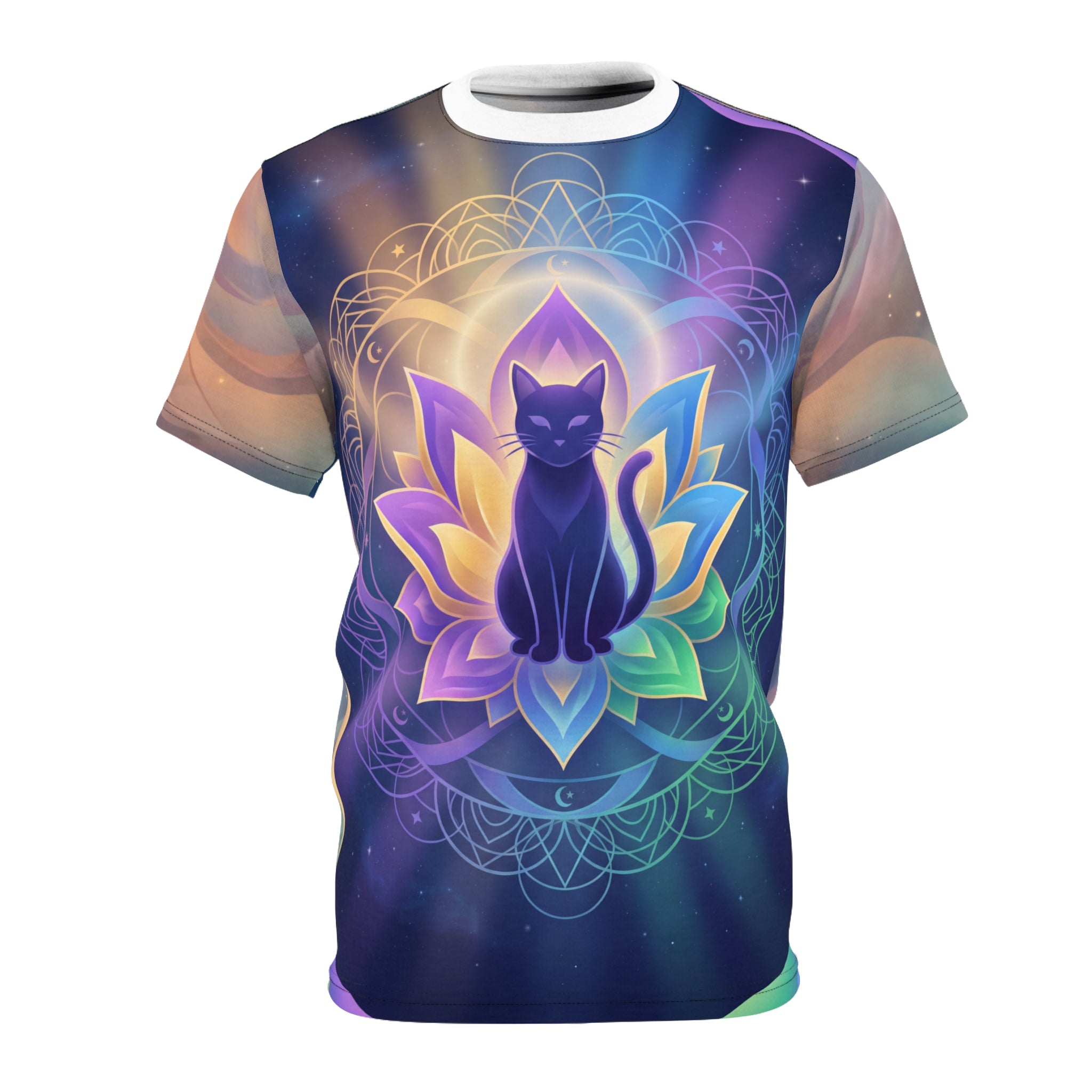 T-shirt with Tranquil and Mystical Glowing Lotus Cat Silhouette