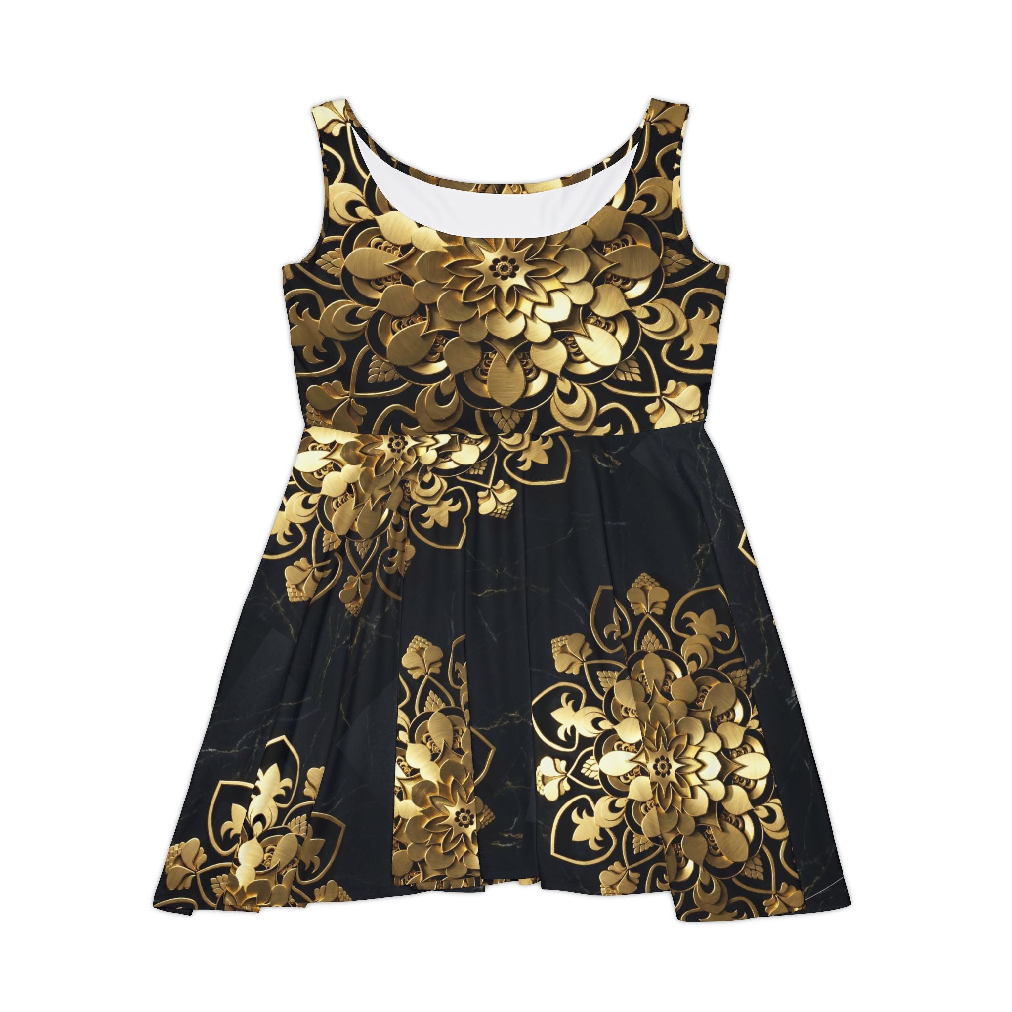 Gold Floral Skater Dress - Black & Metallic Mandala Print, Elegant Party Dress