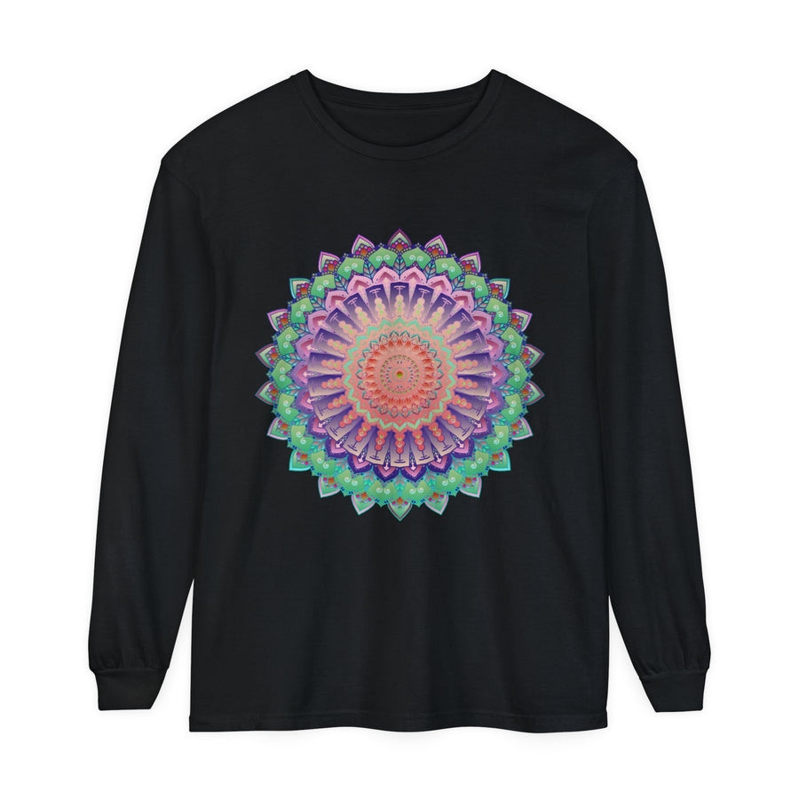 Colorful and intricate mandala design on a unisex long sleeve t-shirt