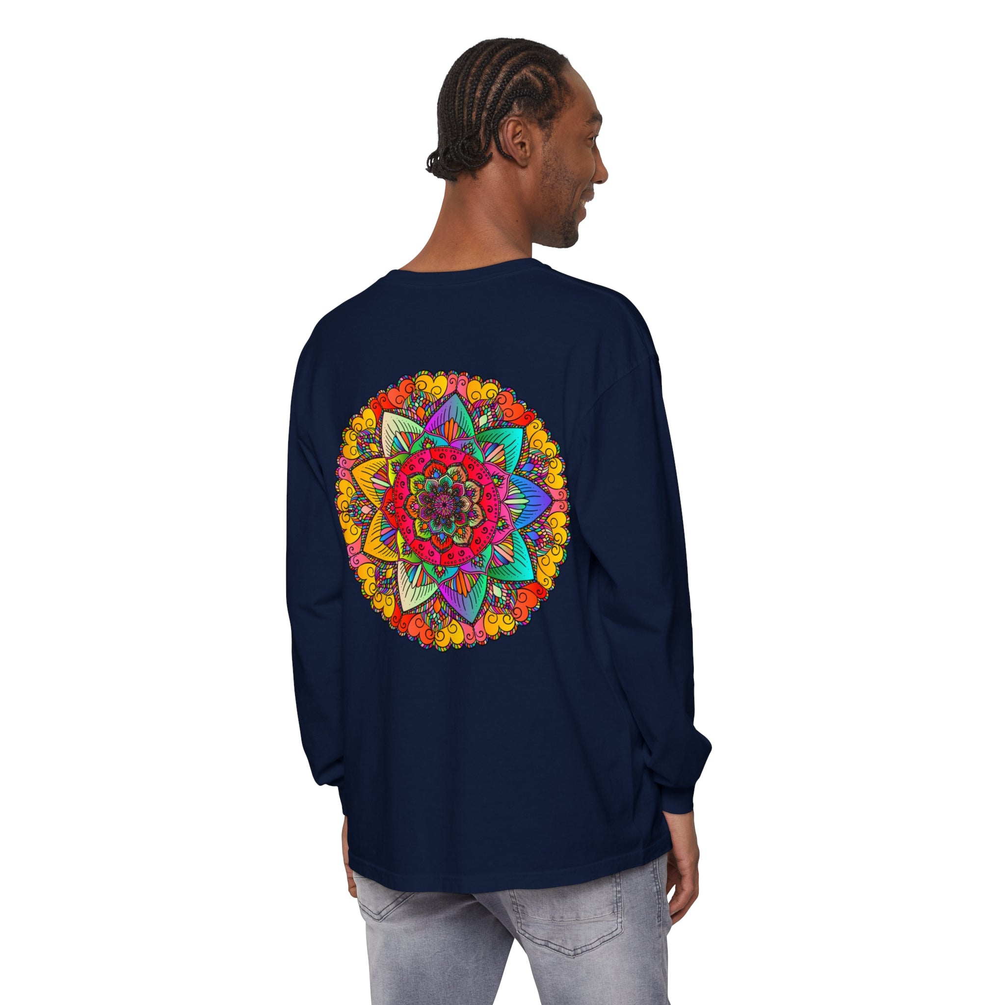 Stylish and versatile unisex long sleeve t-shirt with vibrant mandala pattern