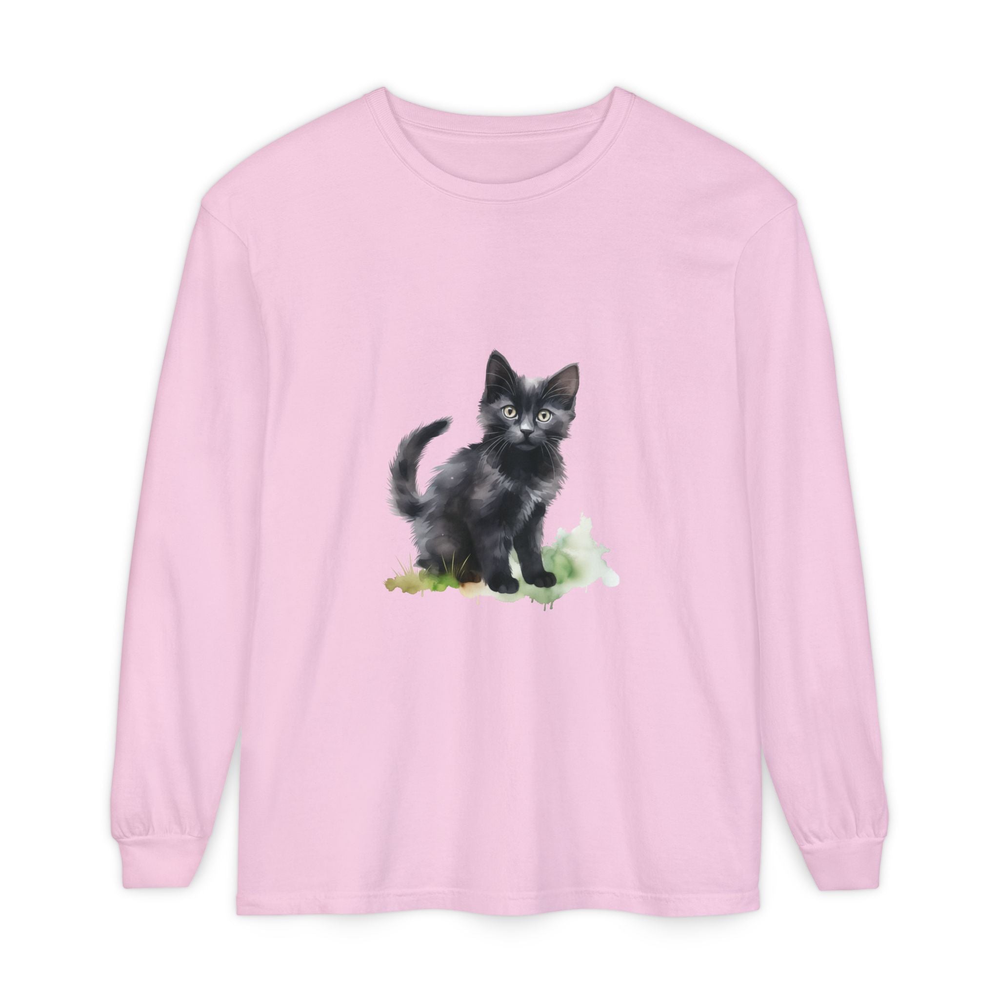Maglietta a maniche lunghe con gatto nero e acquerello