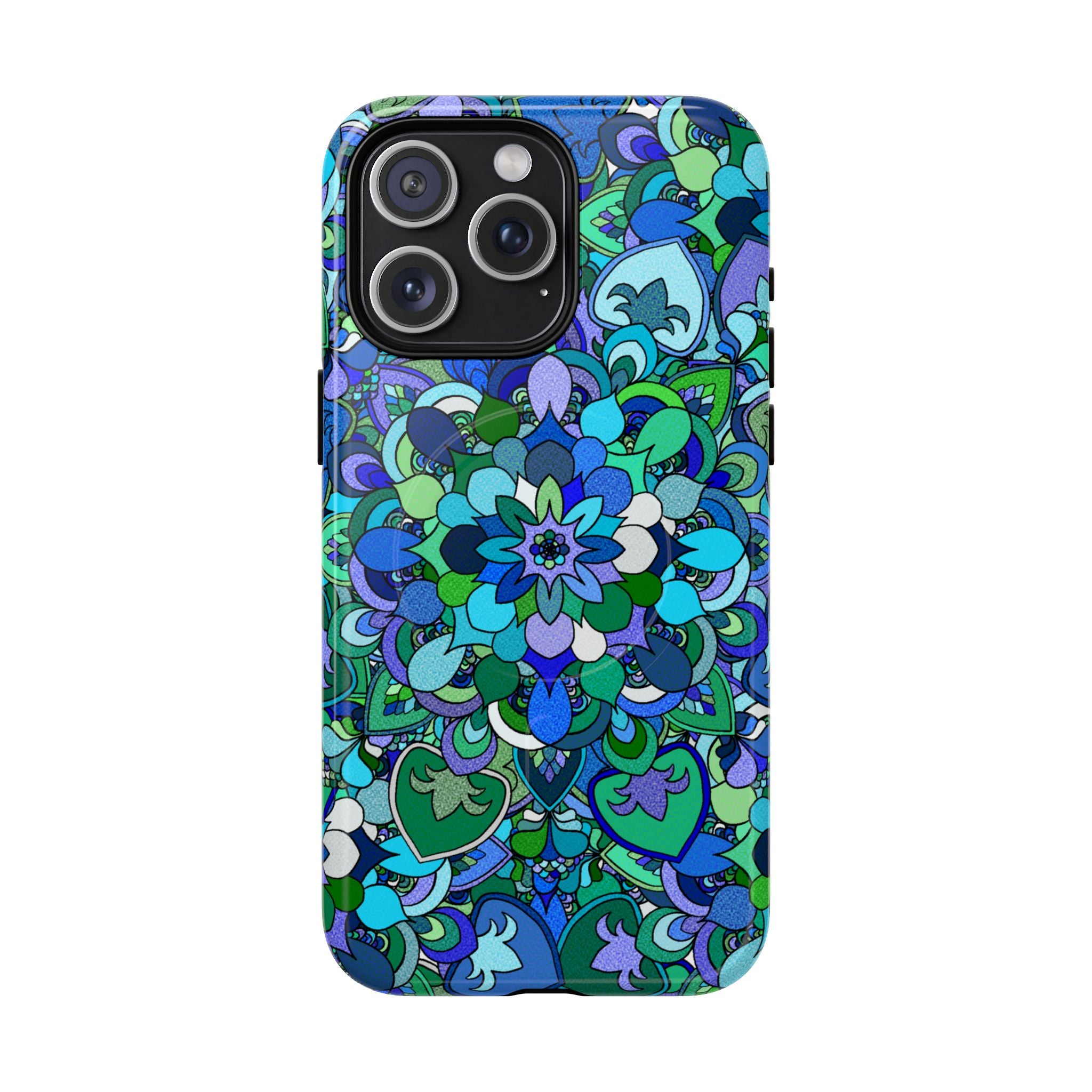 Cover Rigida Magnetica per Telefono con Mandala Floreale — Motivo Blu Verde