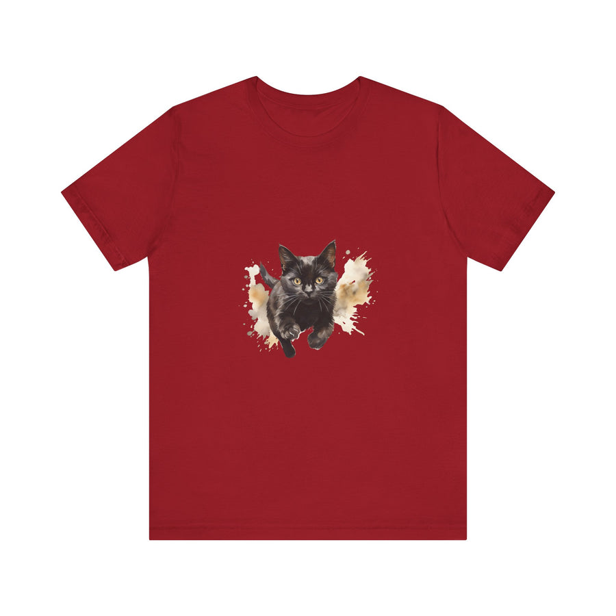 Black Cat Watercolor Sprint T-Shirt, a stylish and vibrant graphic tee featuring a stunning watercolor design of a black cat sprinting across the shirt in shades of blue and black, perfect for cat lovers and anyone who appreciates unique and eye-catching fashion