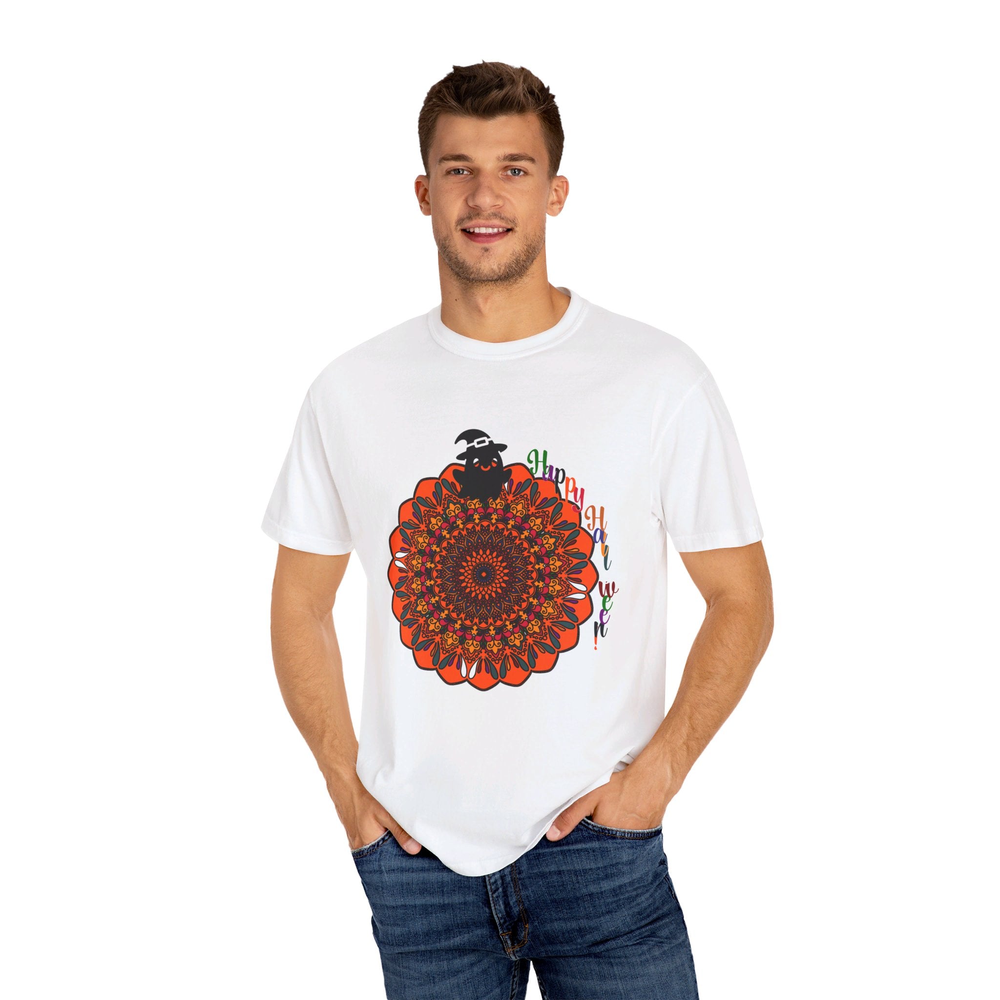 Comfortable unisex Halloween mandala t-shirt featuring handmade pumpkin mandala art, garment-dyed for a unique look and feel