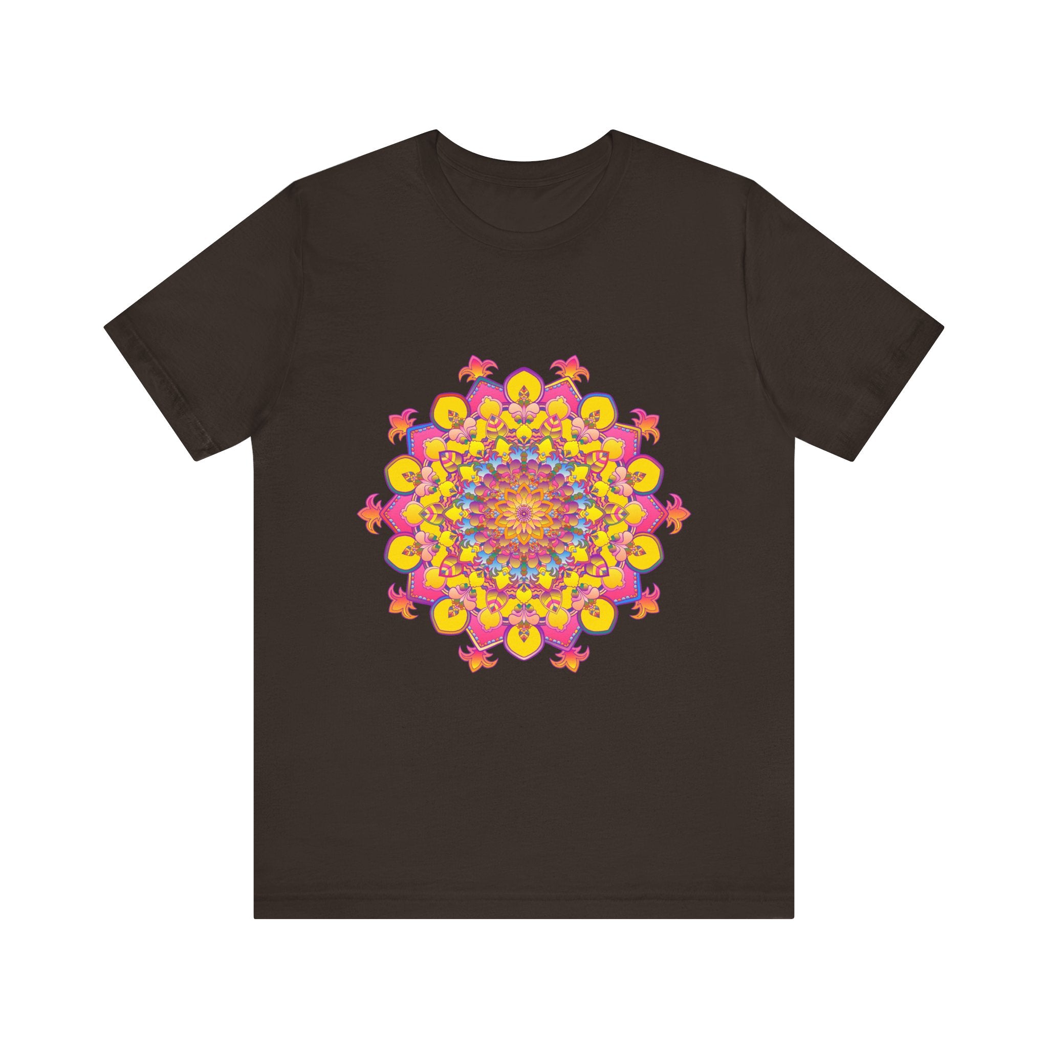 Close-up of floral mandala tee with intricate design and vibrant colors