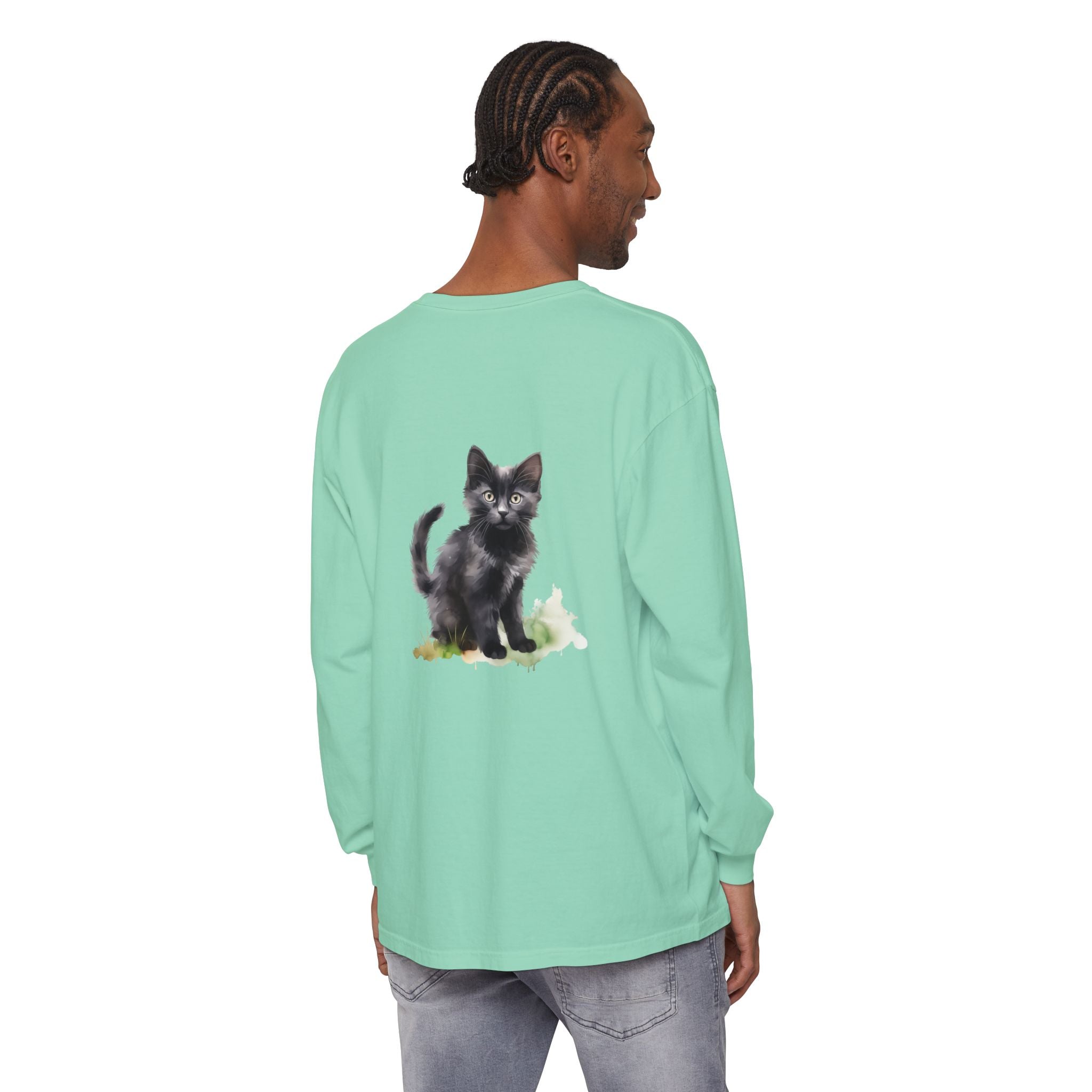 Maglietta a maniche lunghe con gatto nero e acquerello
