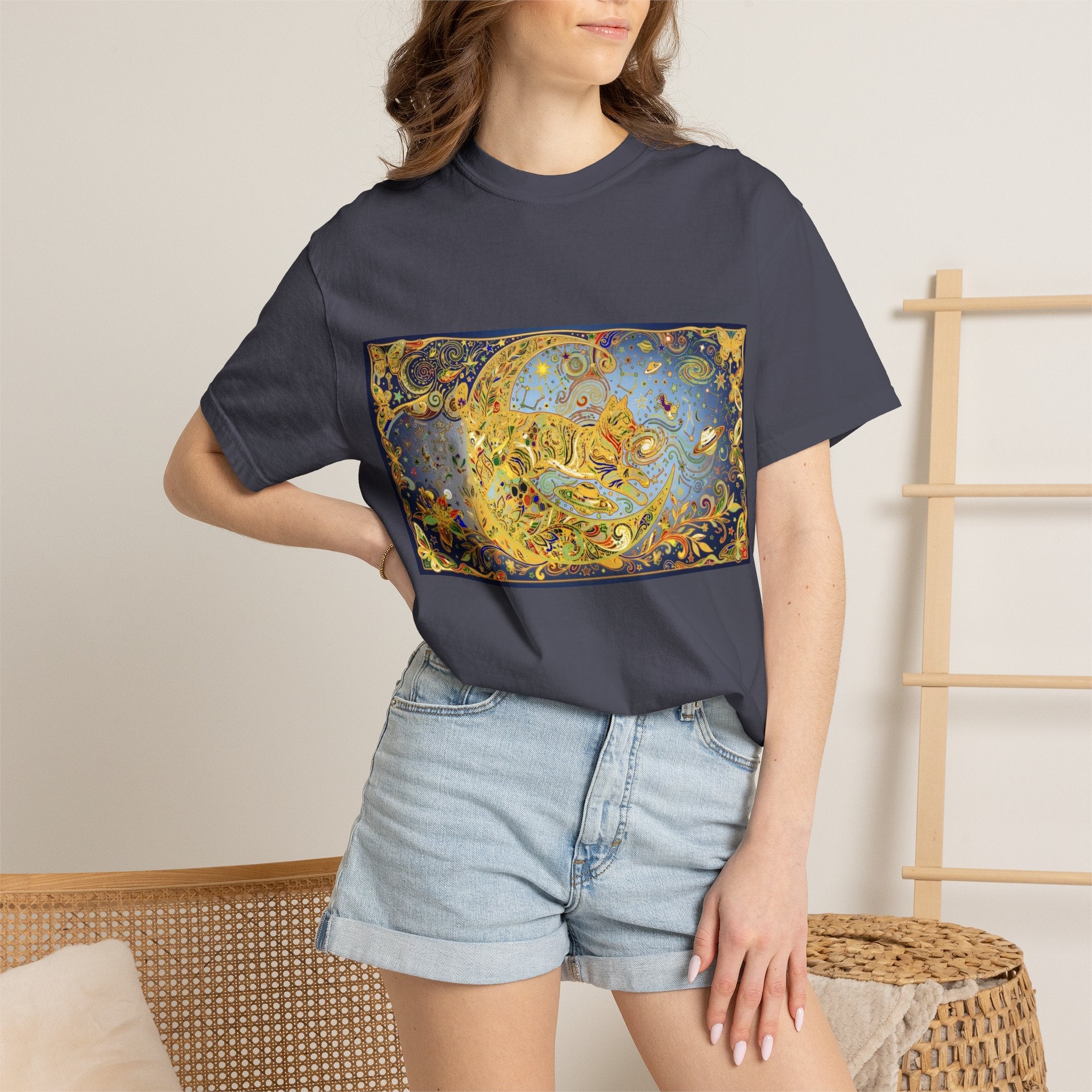 Crescent Cat & Moon T-Shirt — Vintage Celestial Tee