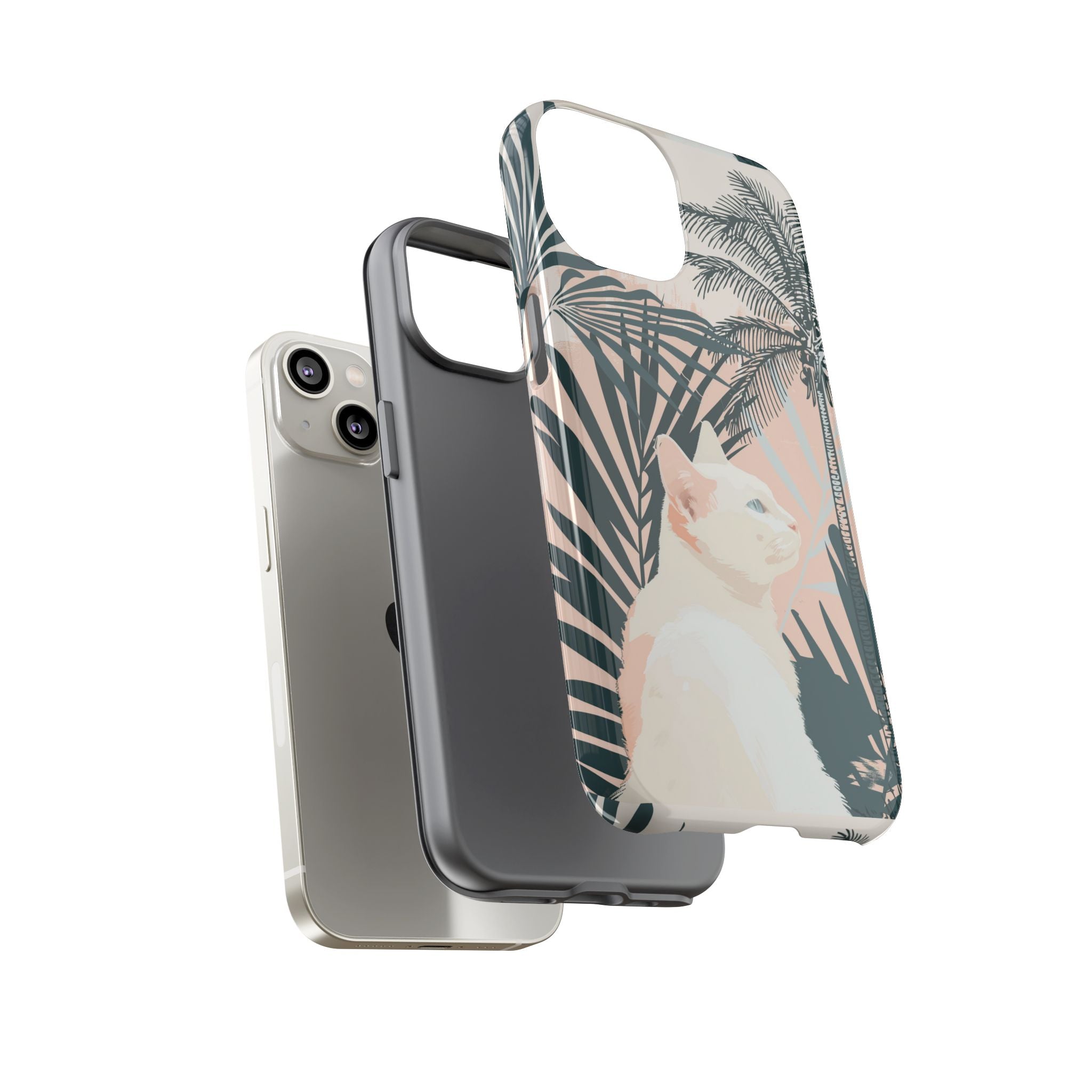 Tropical Cat Phone Case with Lush Palm Motifs and Soft Pastels