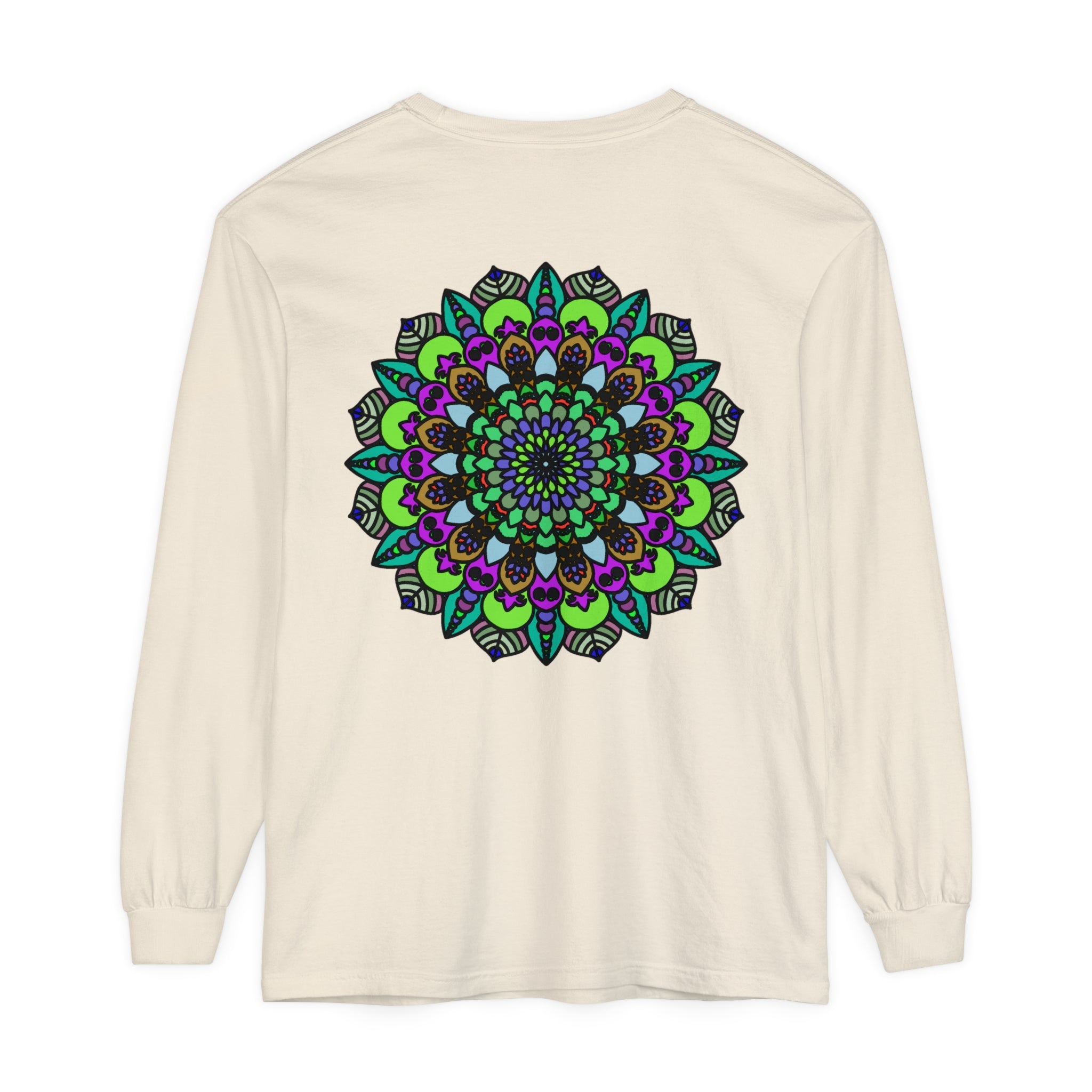 Colorful and intricate psychedelic mandala design on unisex long sleeve t-shirt