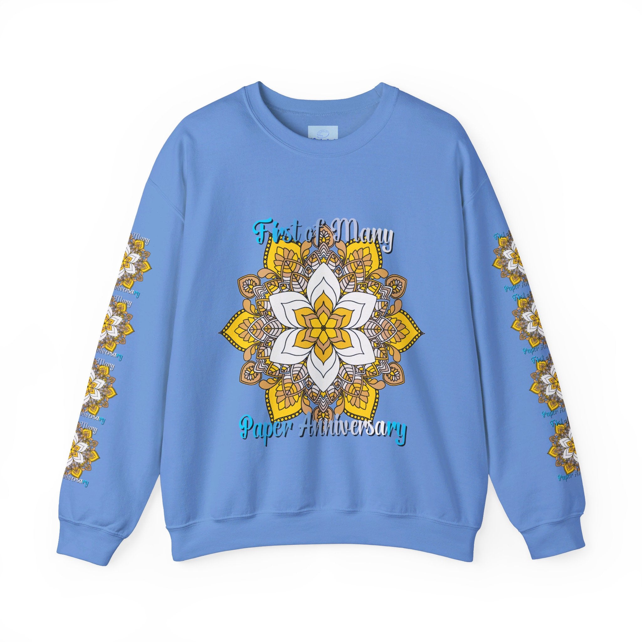 First Year Wedding Anniversary Gift - Unisex Heavy Blend Crewneck Sweatshirt with 'First of Many, Paper Anniversary' Design in a Variety of Sizes and Colors