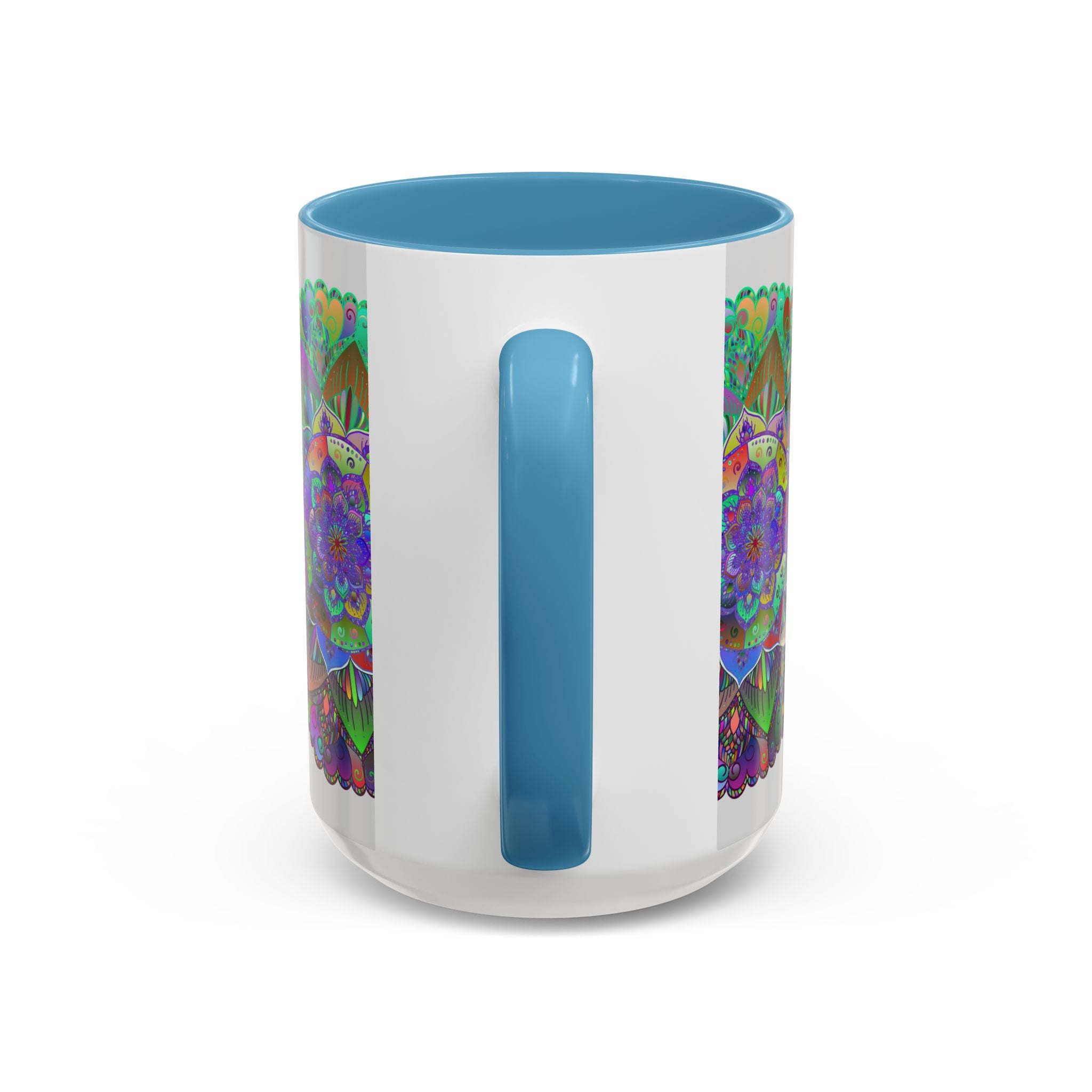 A close-up image of a vibrant and detailed mandala art mug with colorful patterns and intricate designs