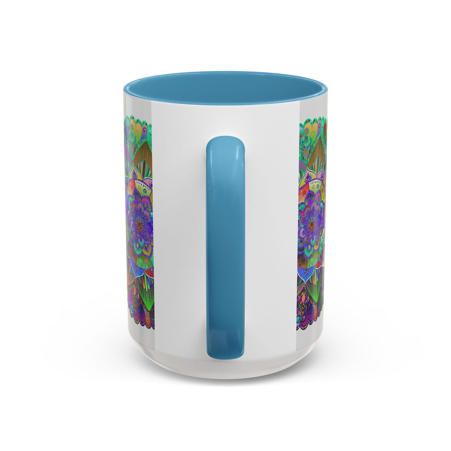 A close-up image of a vibrant and detailed mandala art mug with colorful patterns and intricate designs