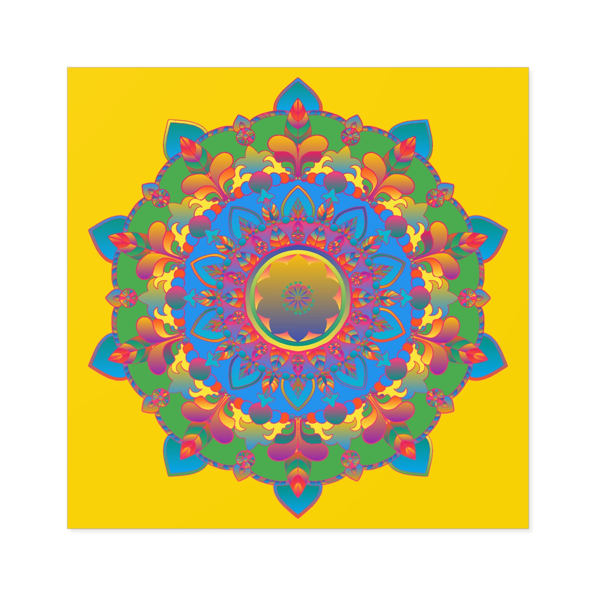 Handgezeichnete Mandala-Laminieraufkleber – Gold, Rot und Grün auf sonnengelbem Grund