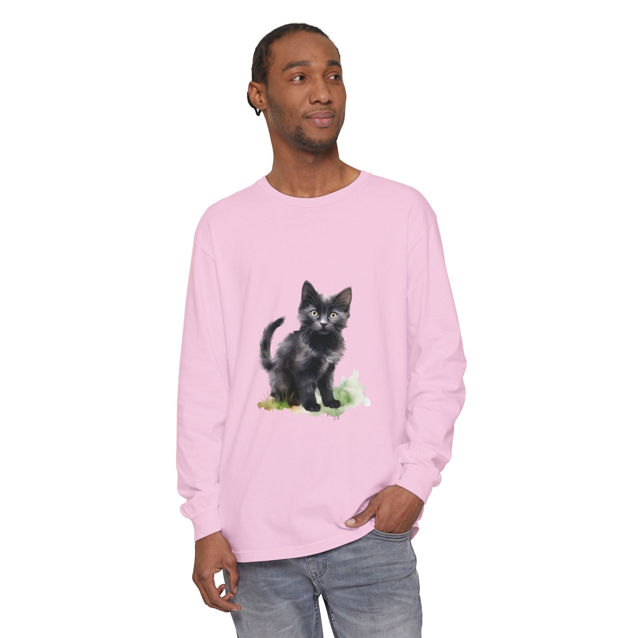 Maglietta a maniche lunghe con gatto nero e acquerello