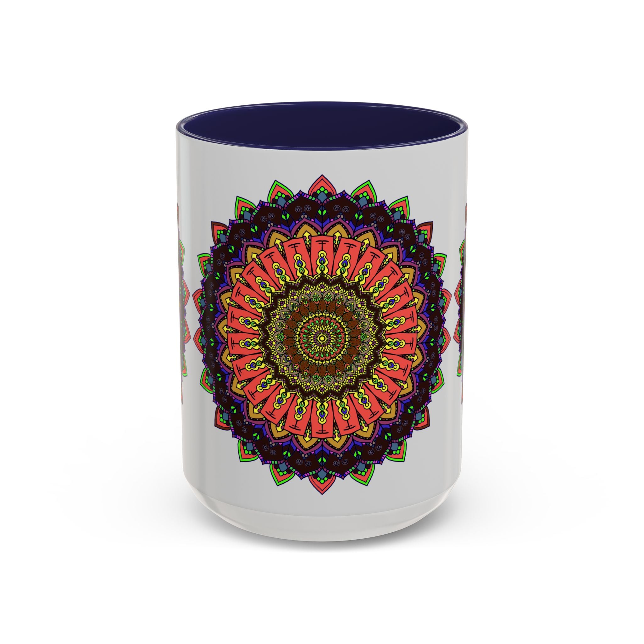Colorful and spiritual mandala art mug with intricate geometric patterns