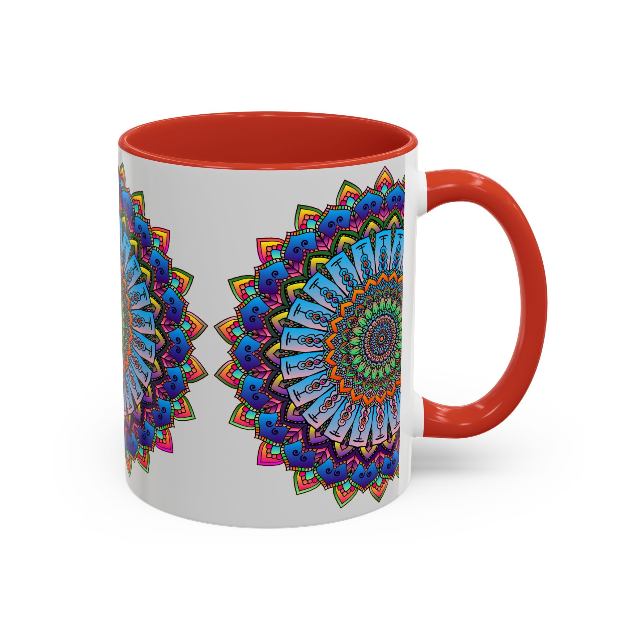 Grey ceramic mug adorned with a beautiful and intricate mandala design
