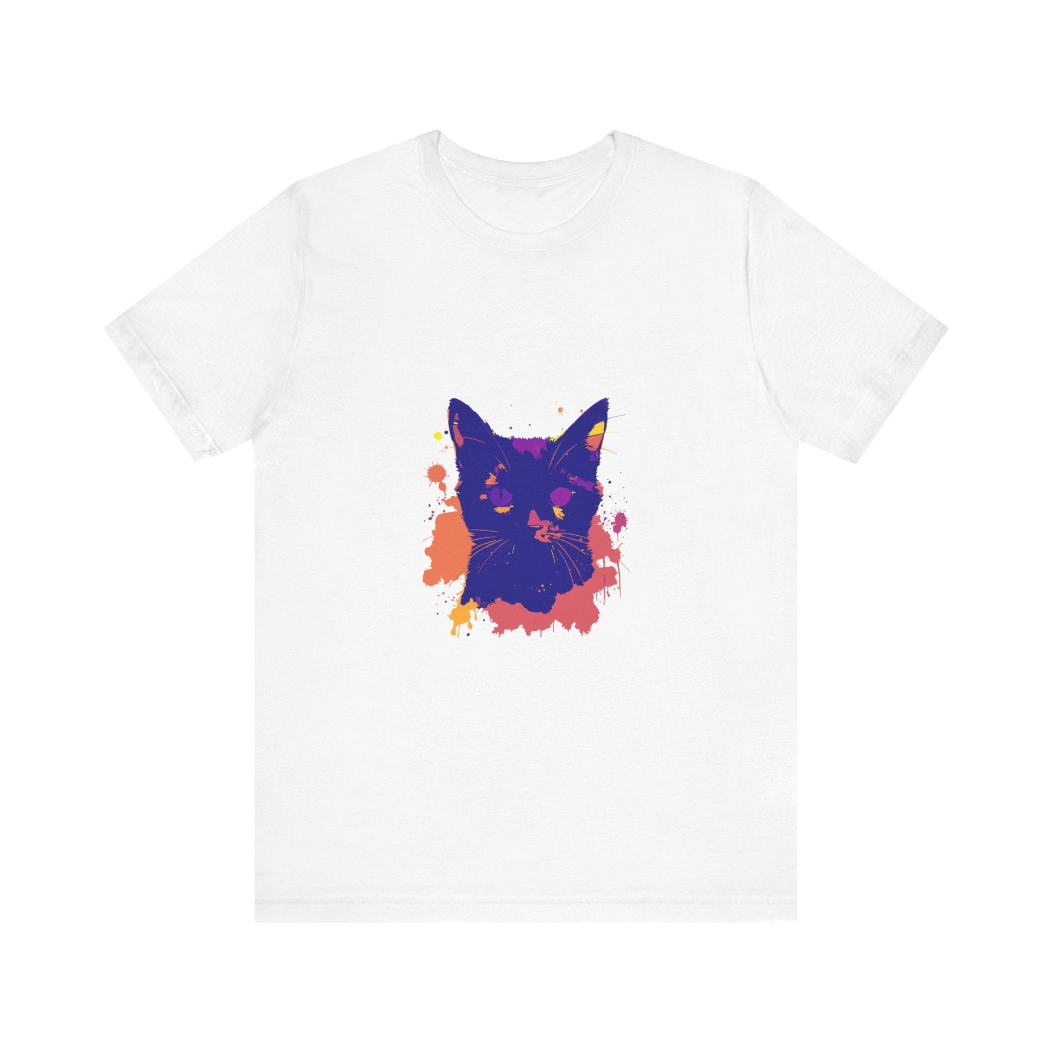 A black cat mystery t-shirt with a colorful and unique splatter pattern