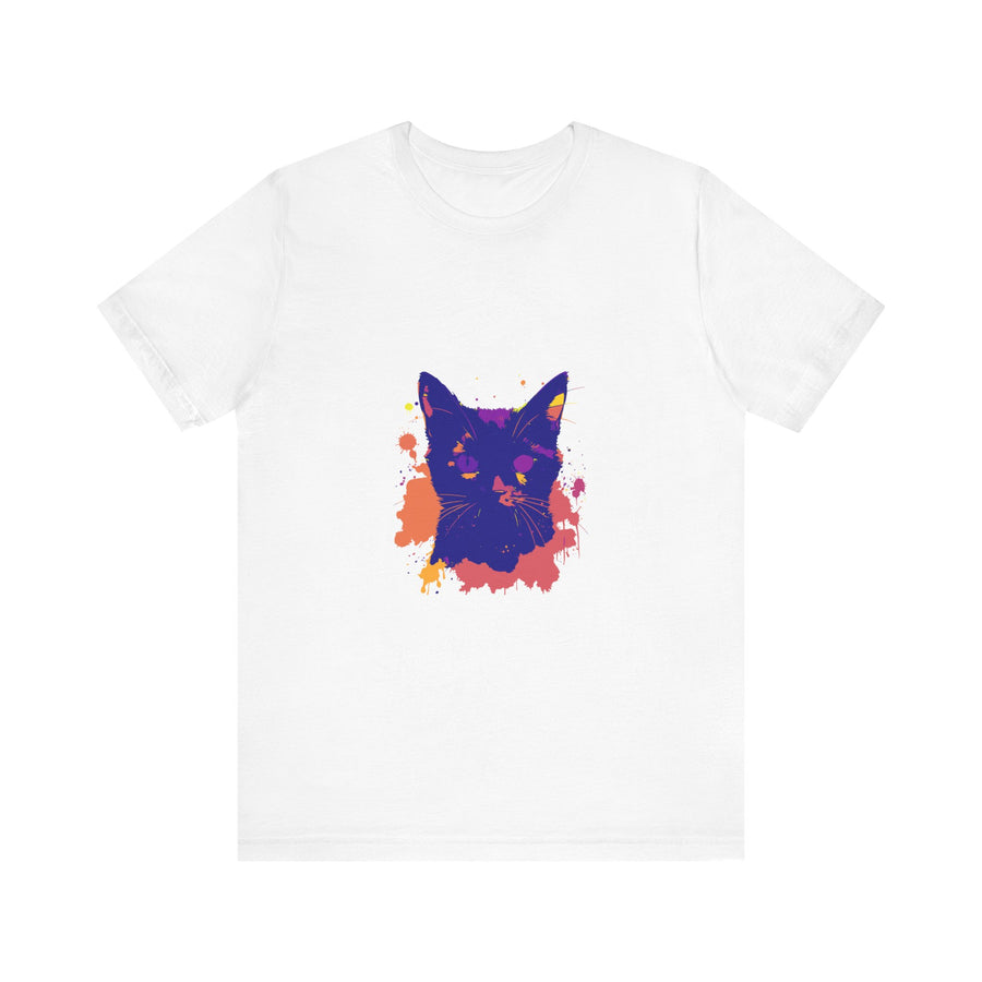 A black cat mystery t-shirt with a colorful and unique splatter pattern