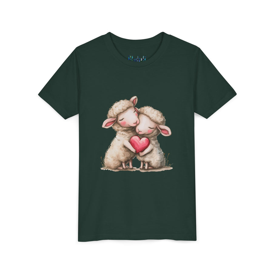 Youth Tee - Cartoon Sheeps Hugging Heart, Cute and Lovely Design